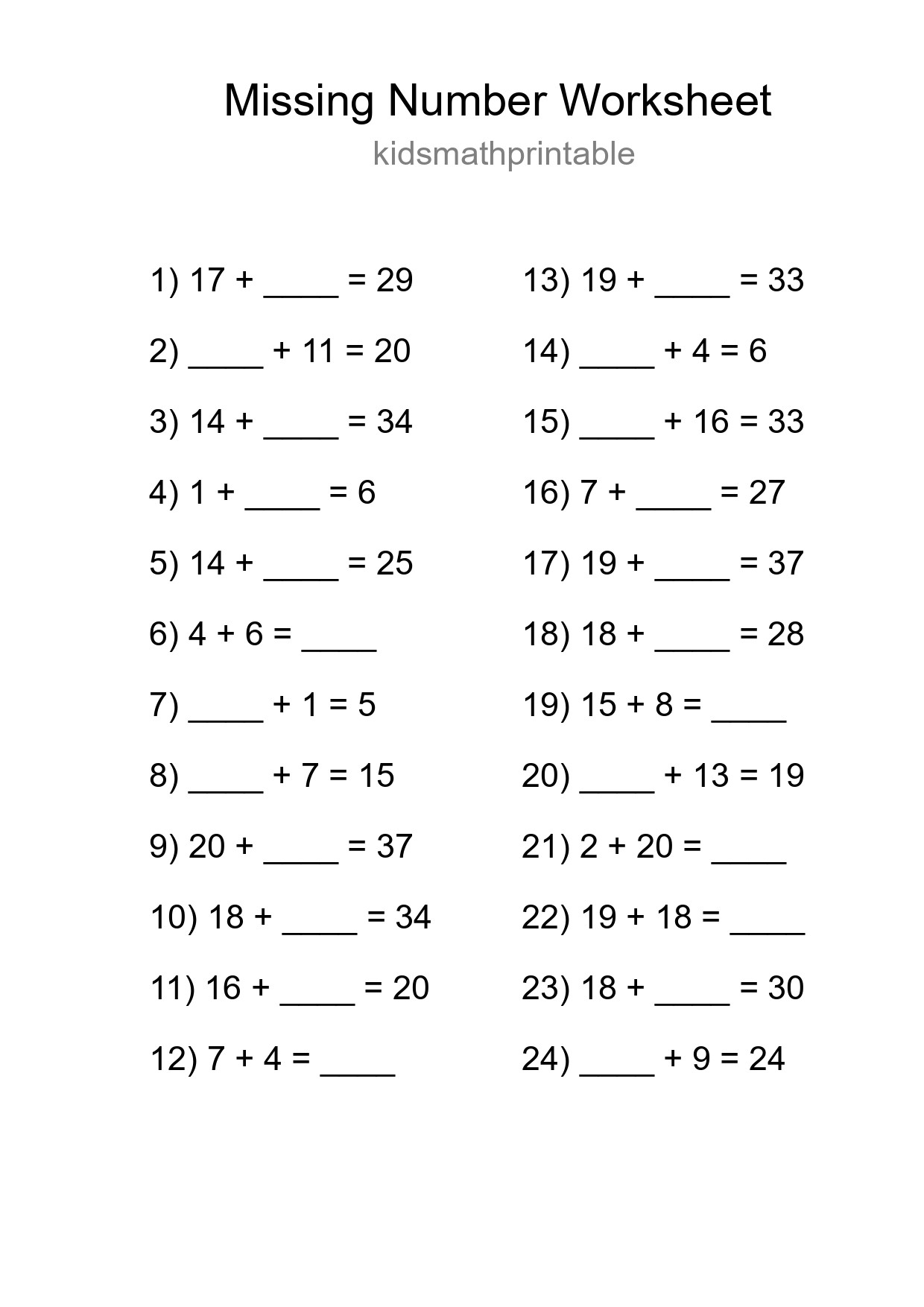 Missing Number Math Worksheet