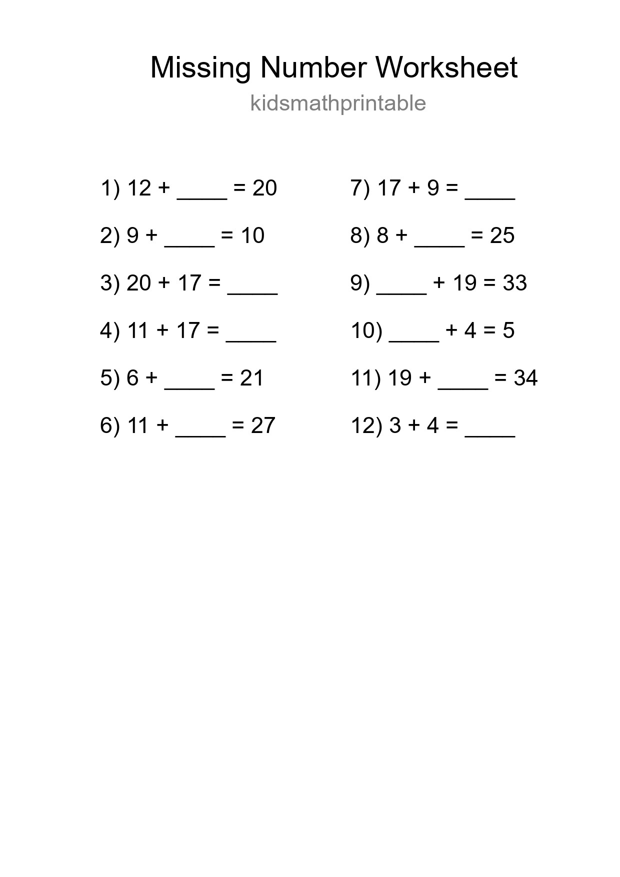 Missing Number Math Worksheet