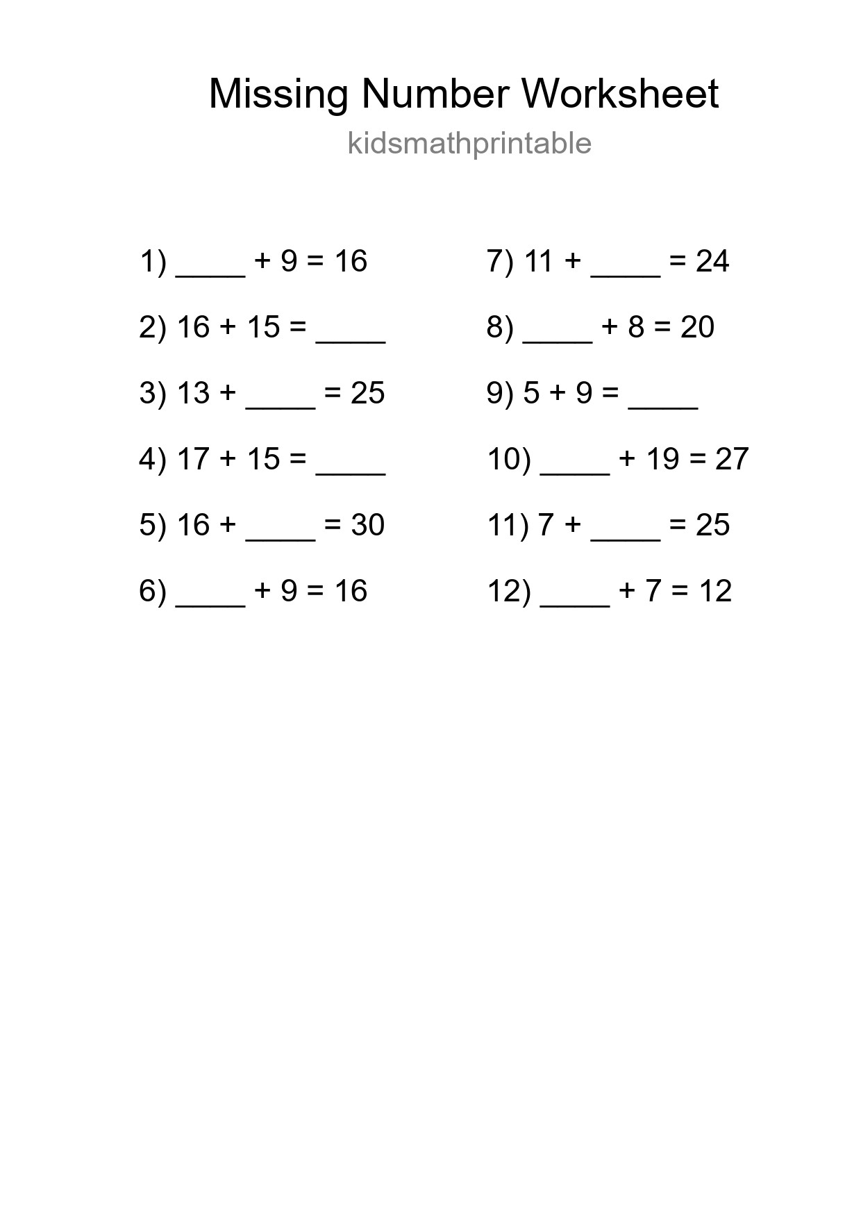Missing Number Math Worksheet