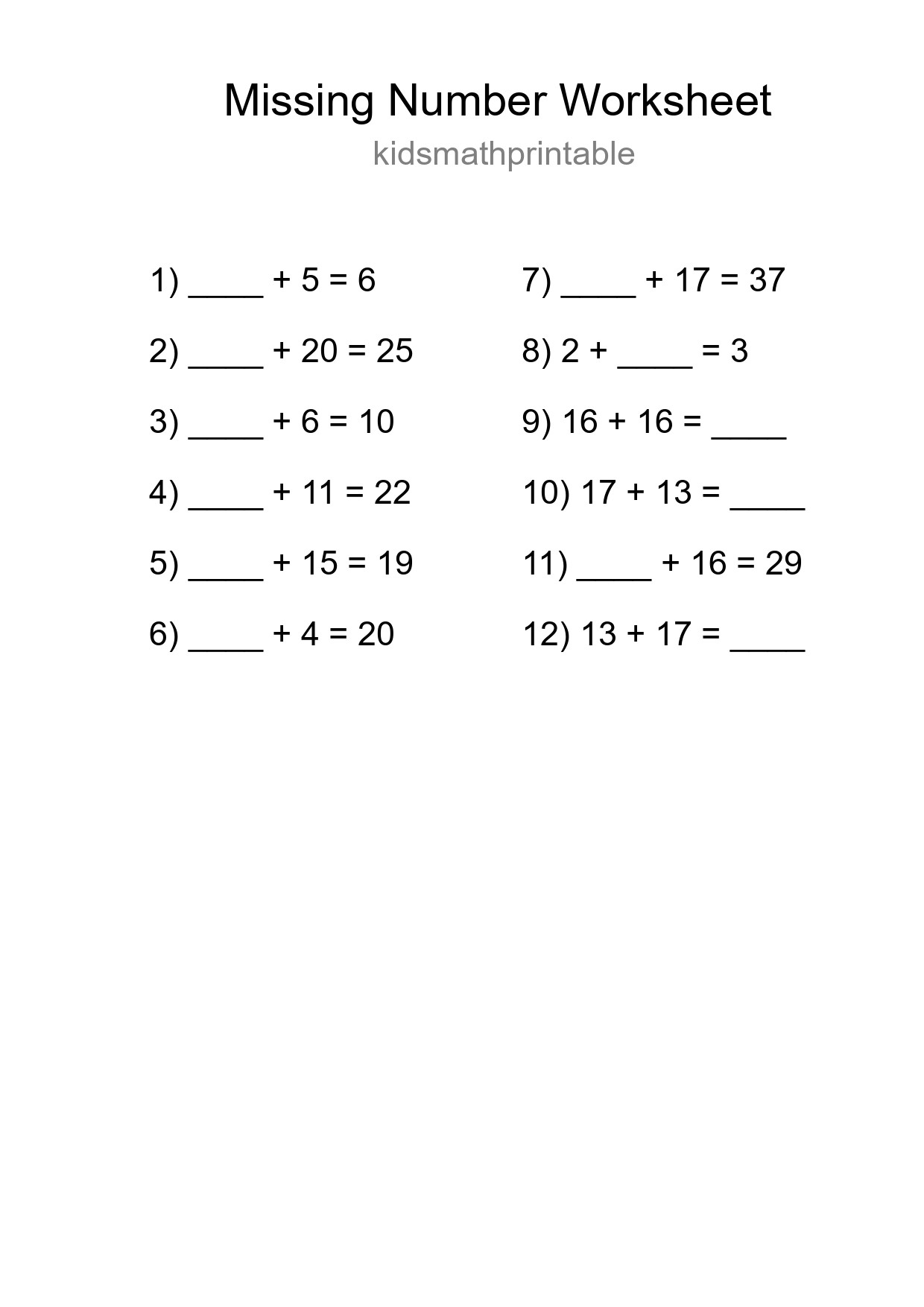 Missing Number Math Worksheet