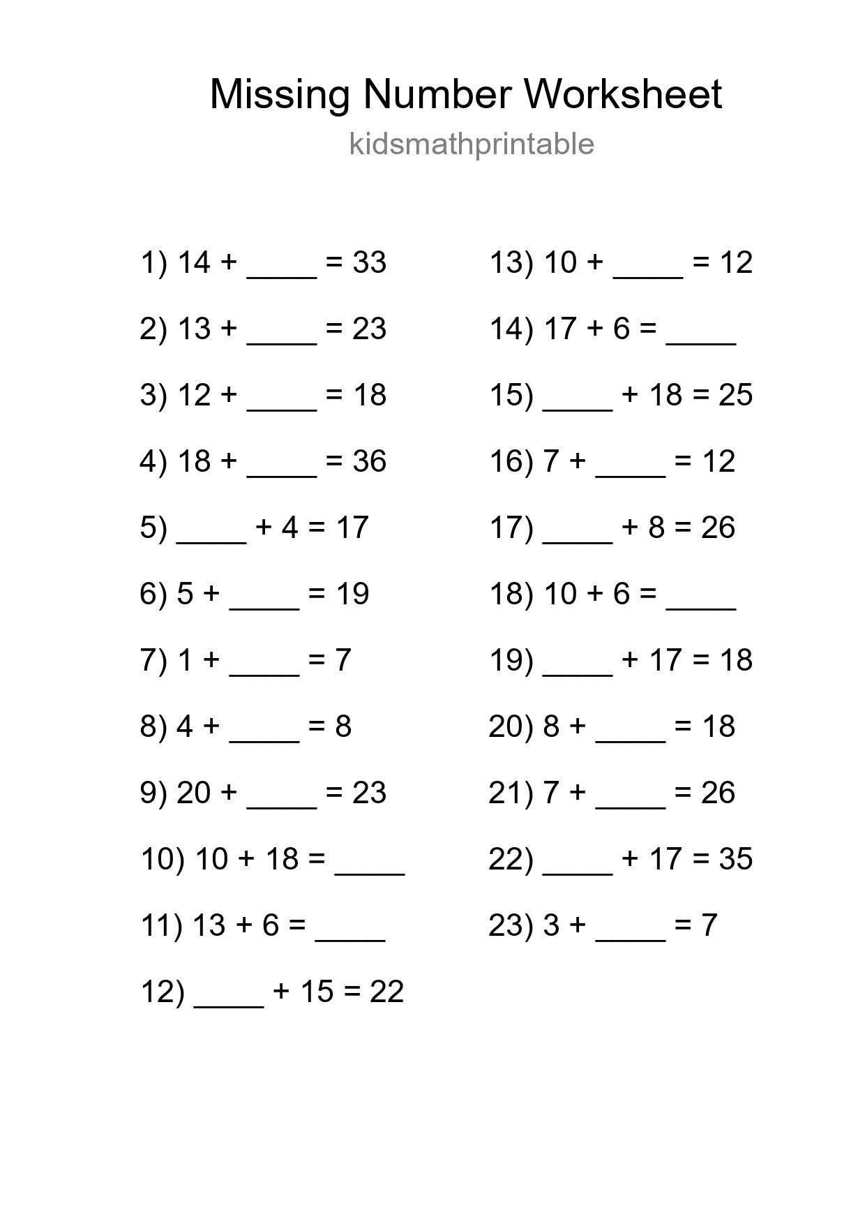 Missing Number Math Worksheet