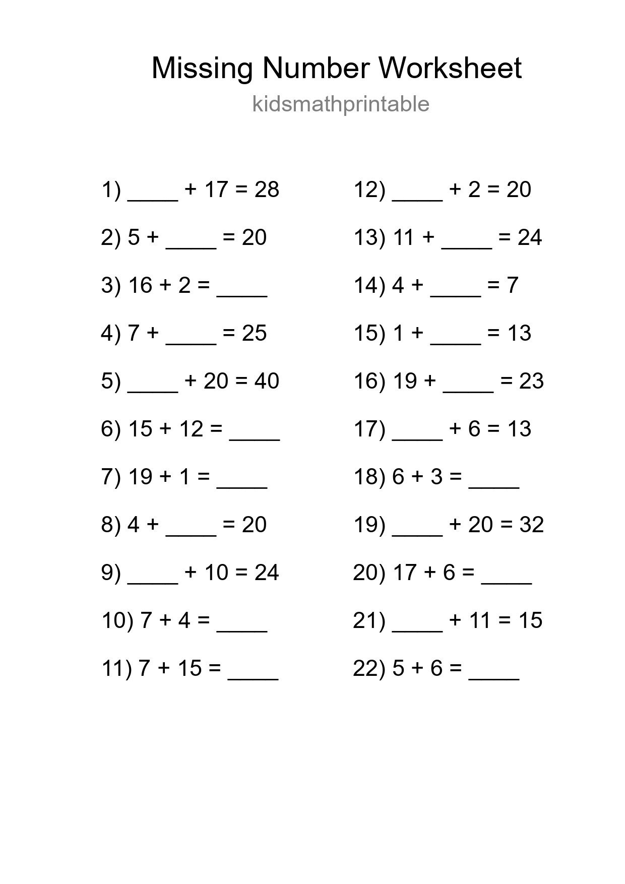 Missing Number Math Worksheet