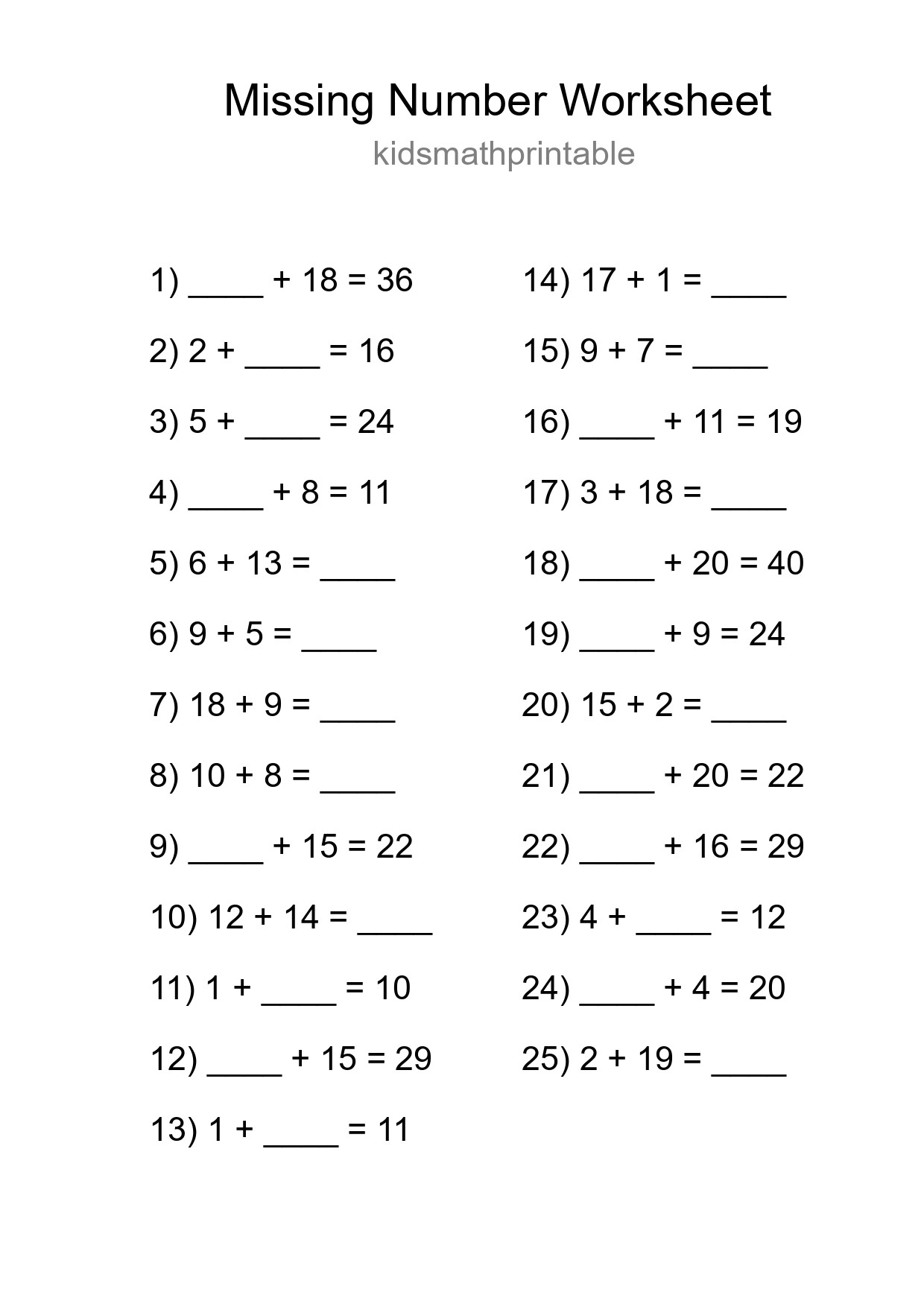 Missing Number Math Worksheet