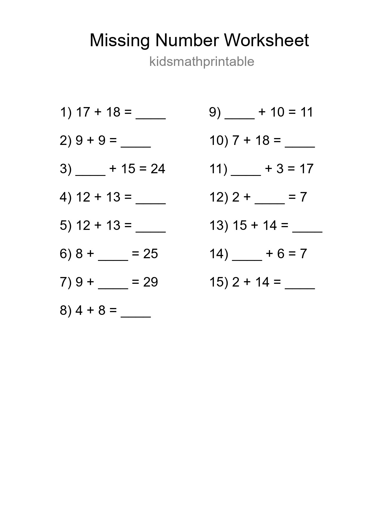 Missing Number Math Worksheet