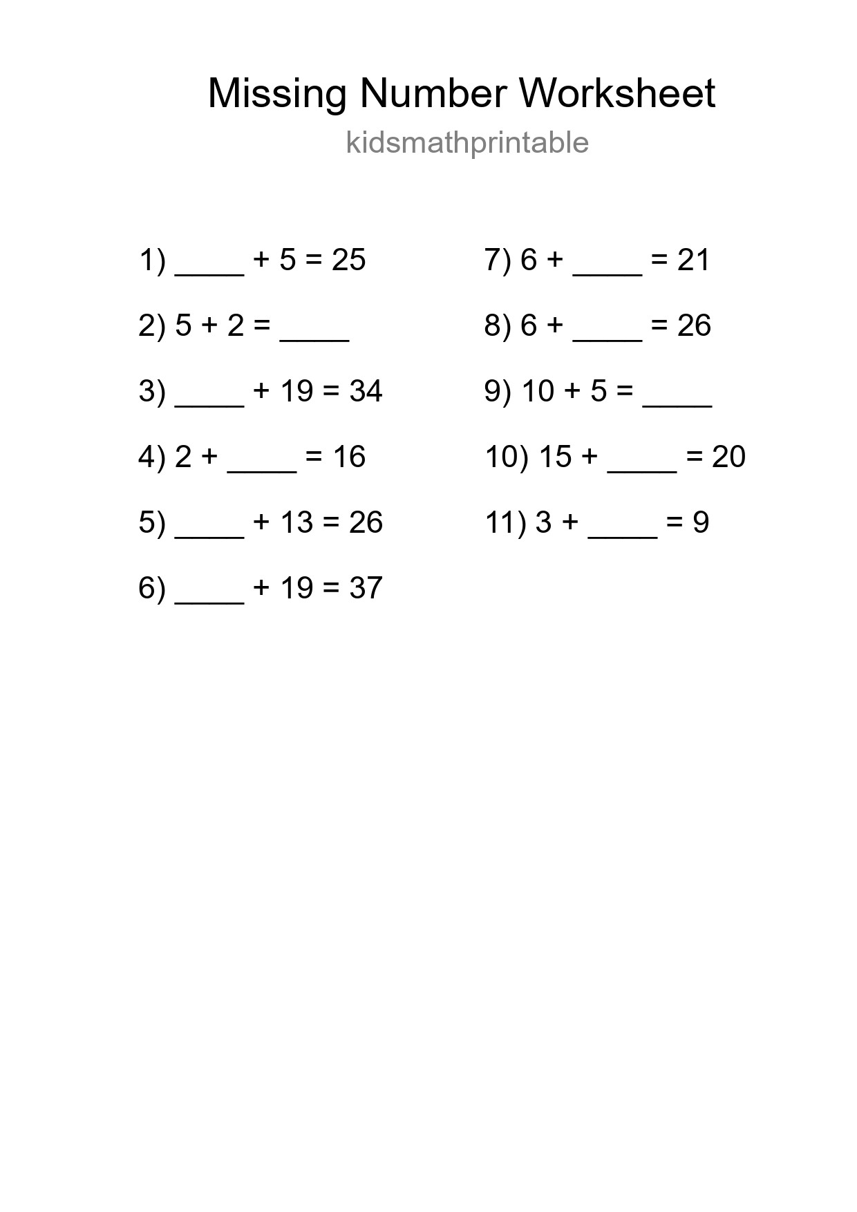 Missing Number Math Worksheet