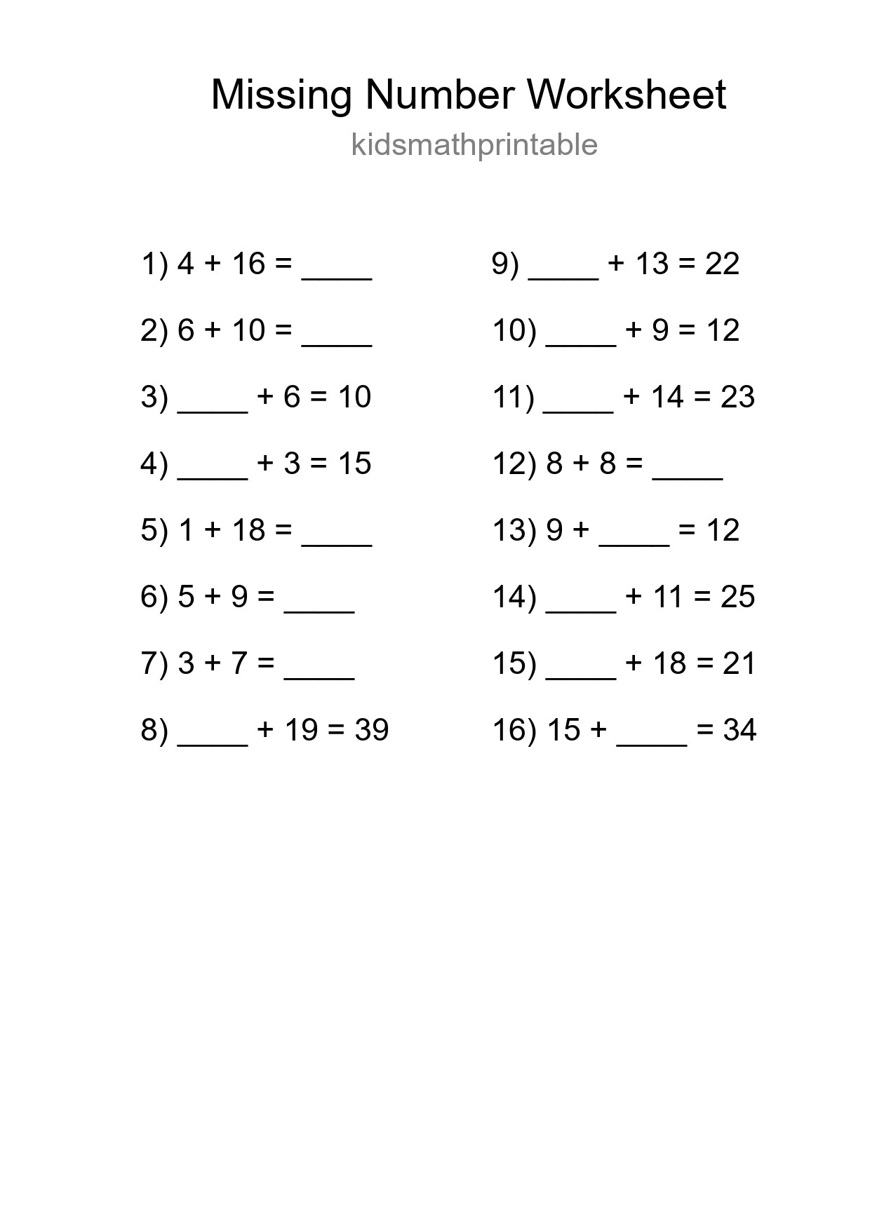 Missing Number Math Worksheet