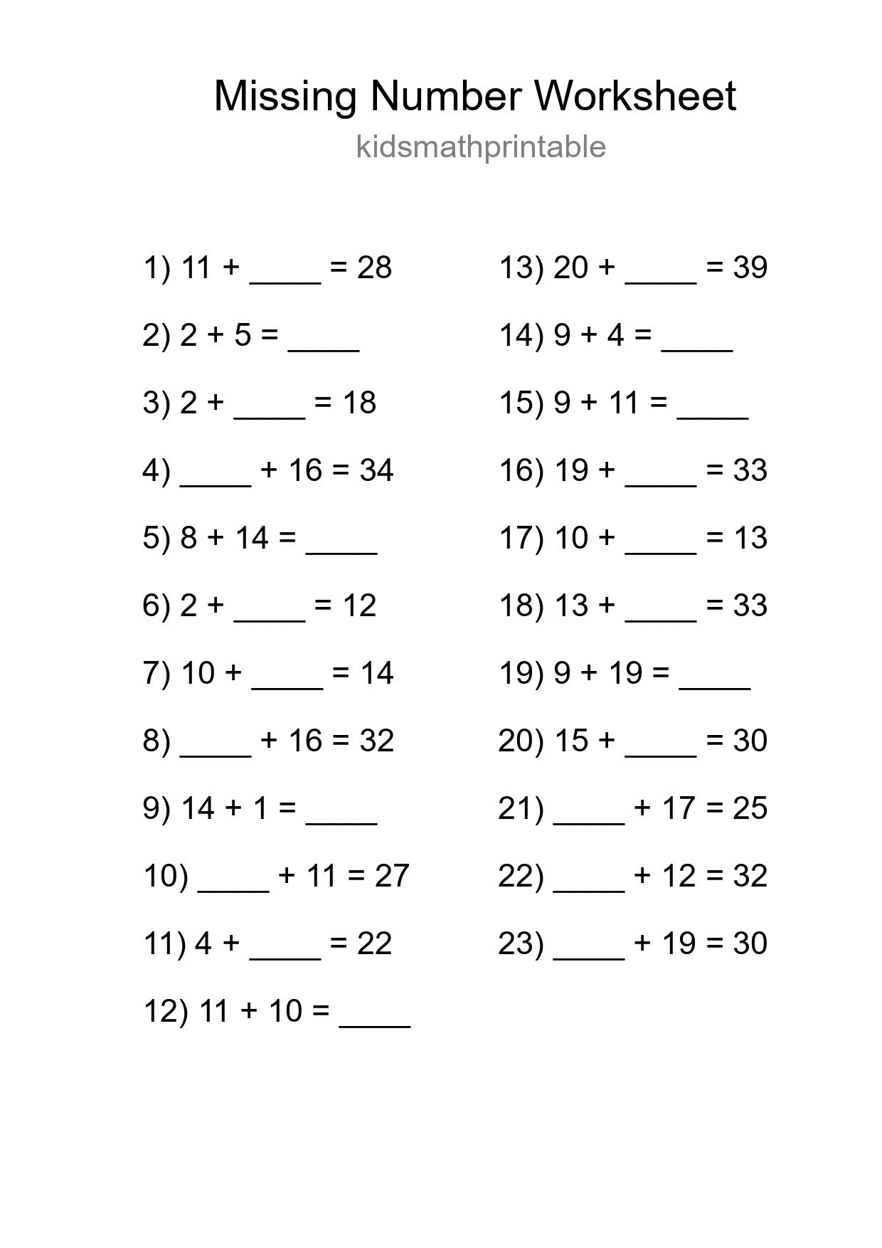 Missing Number Math Worksheet