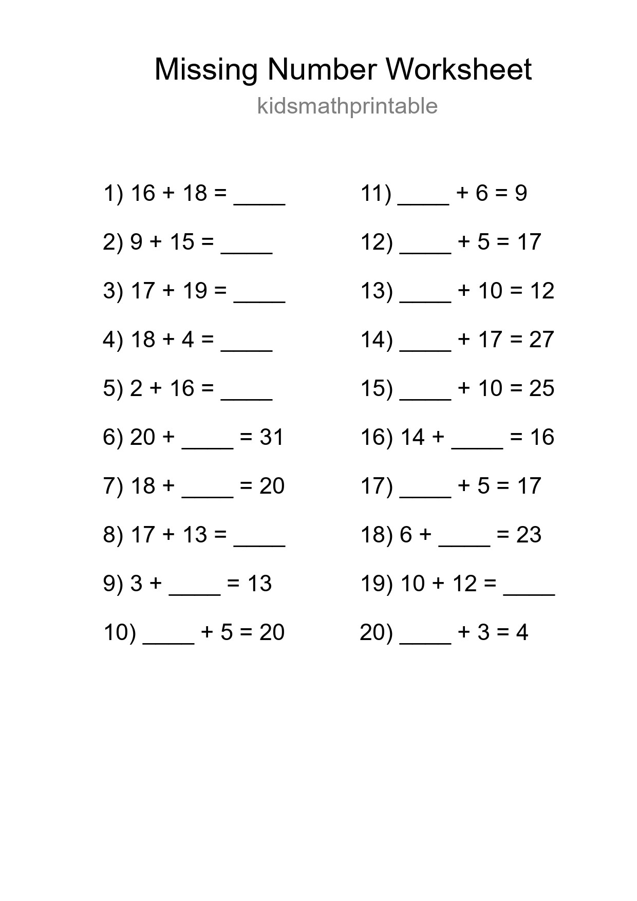 Missing Number Math Worksheet