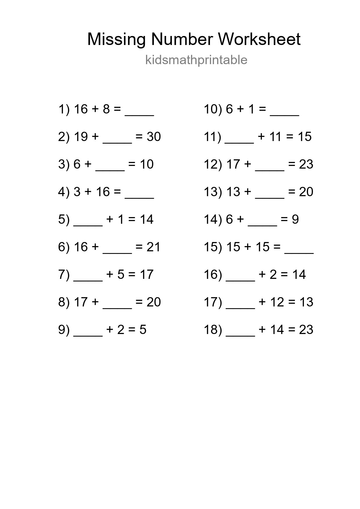 Missing Number Math Worksheet