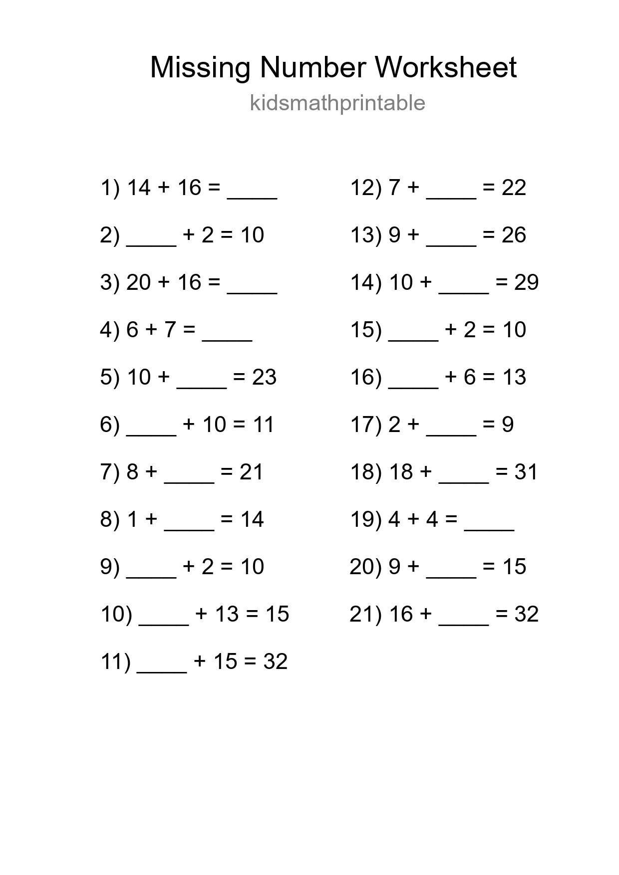 Missing Number Math Worksheet