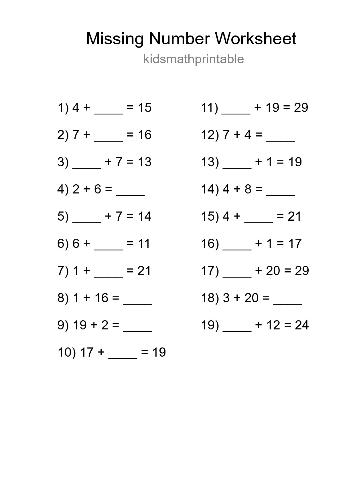 Missing Number Math Worksheet