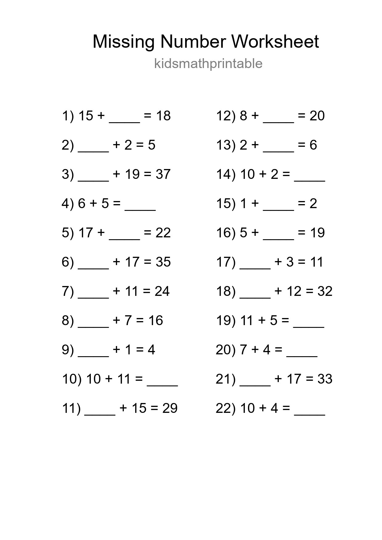 Missing Number Math Worksheet