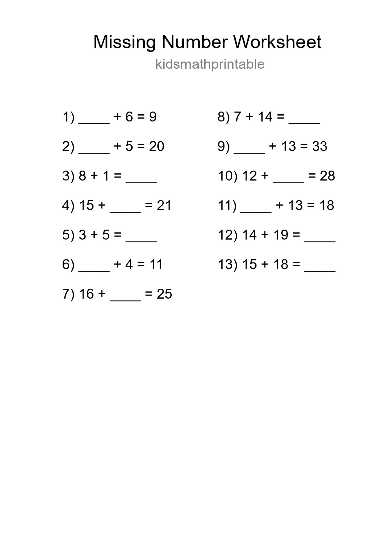 Missing Number Math Worksheet