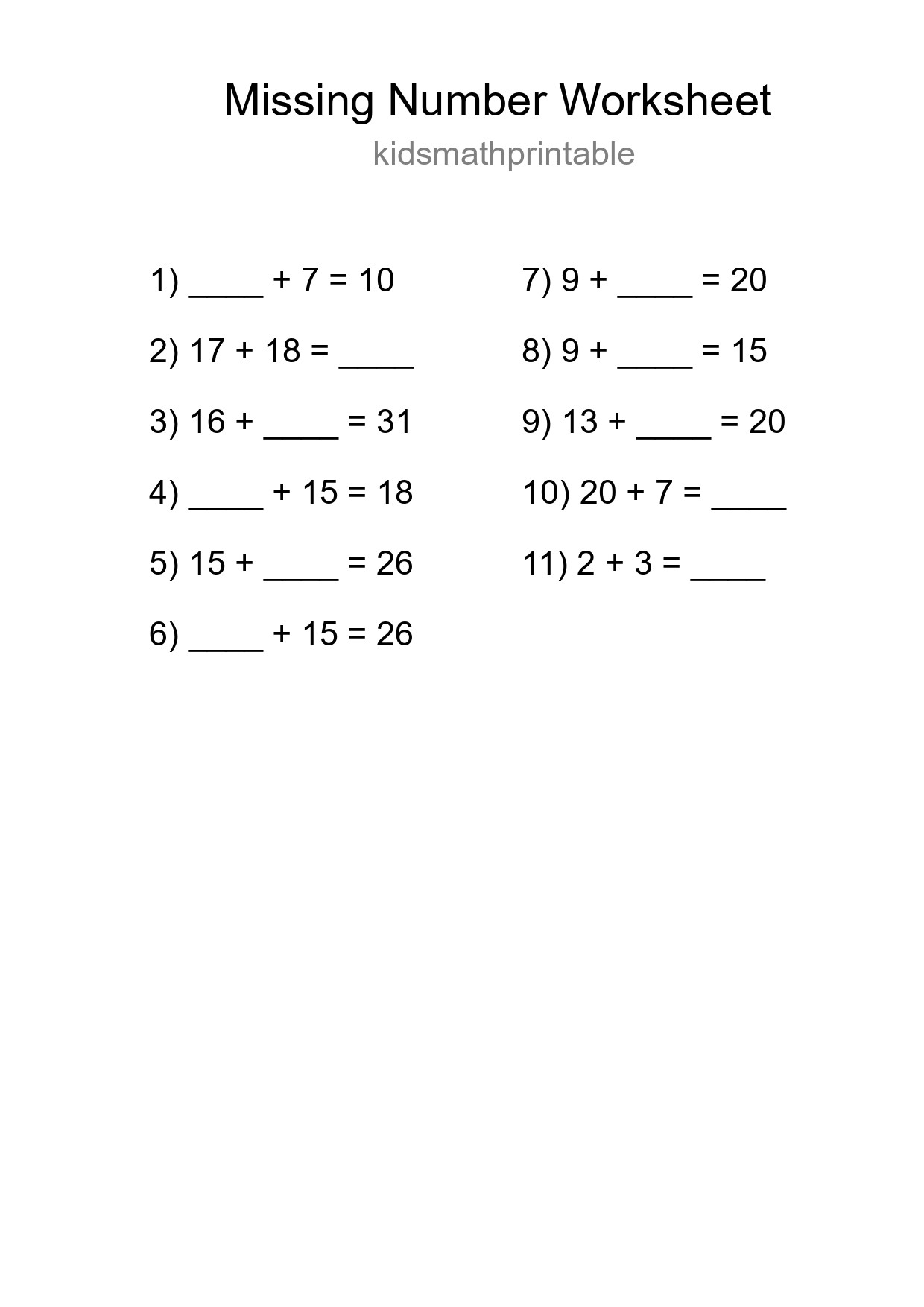 Missing Number Math Worksheet