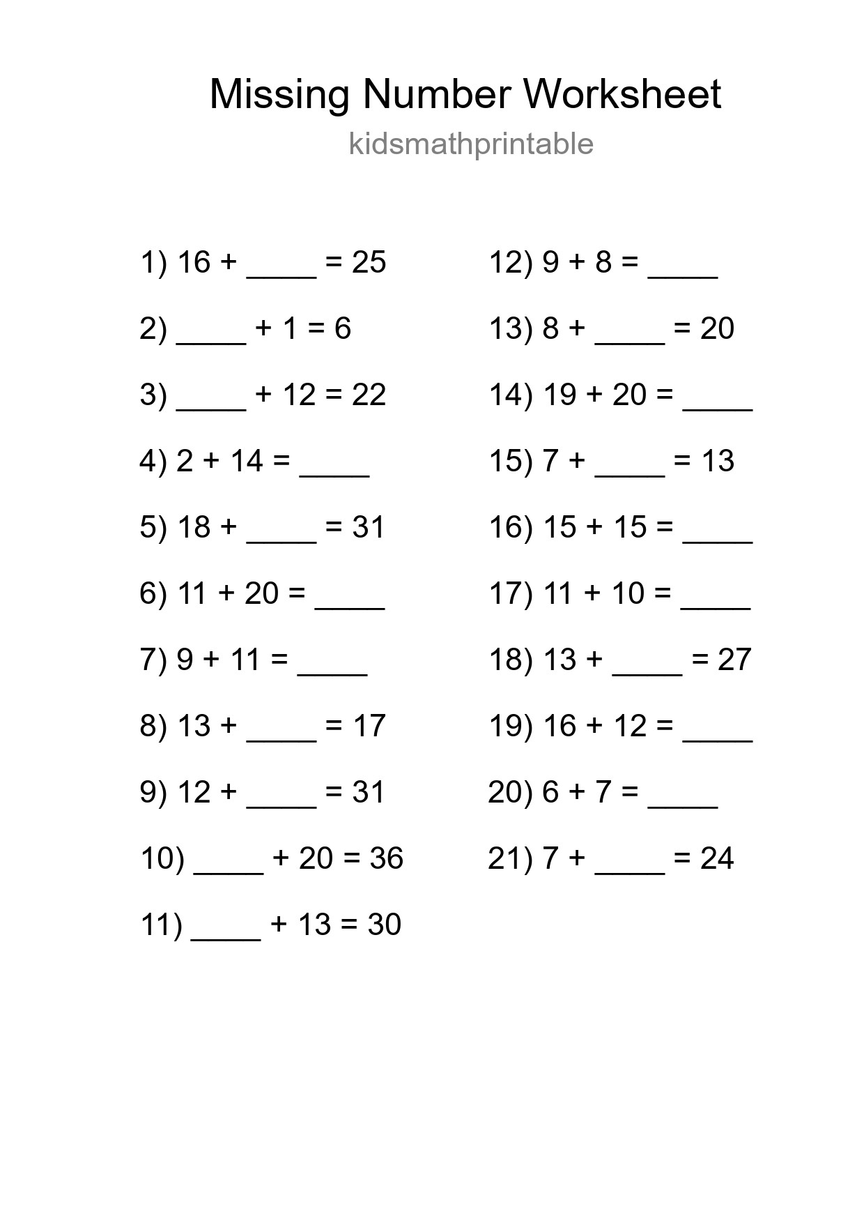 Missing Number Math Worksheet