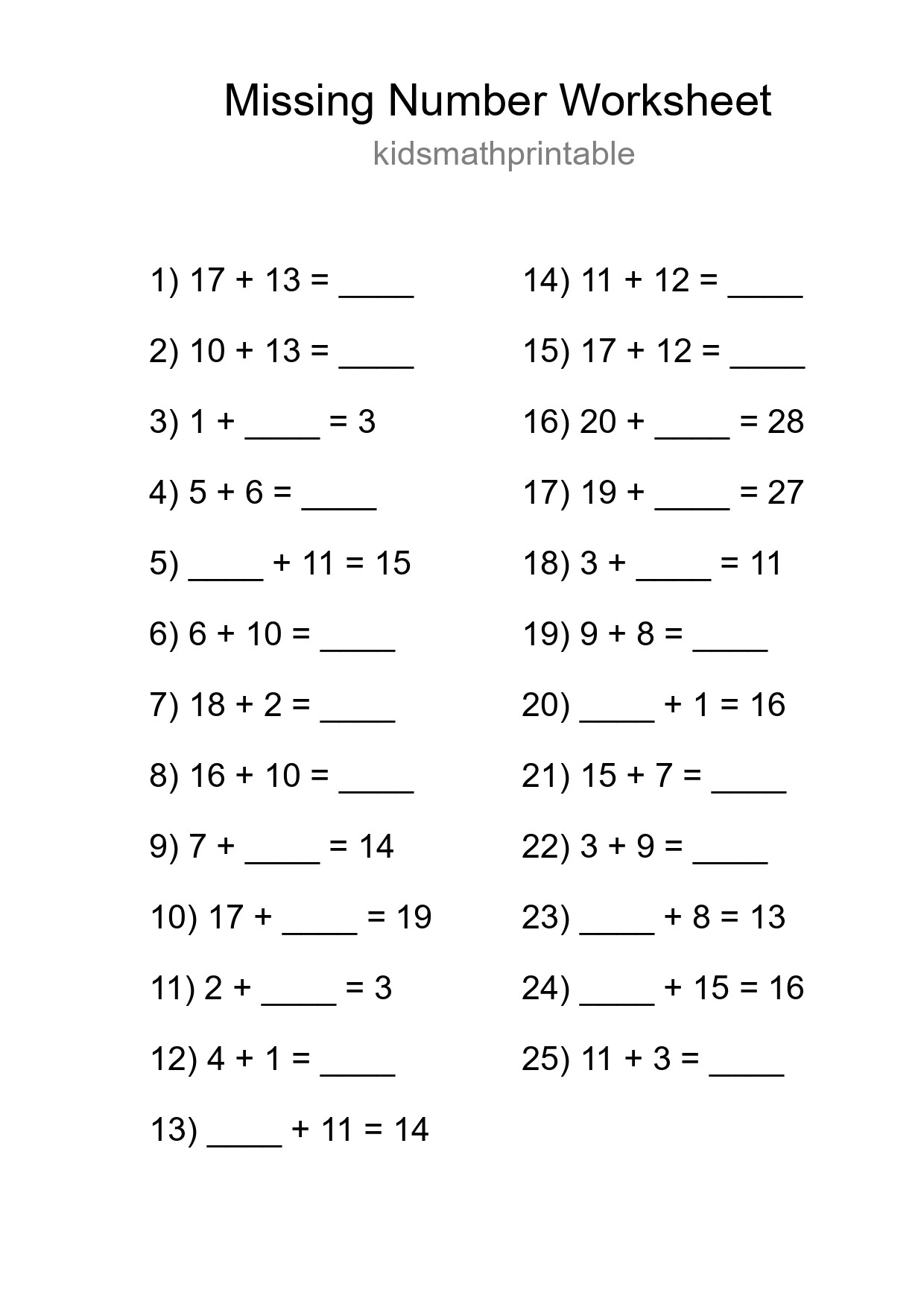 Missing Number Math Worksheet