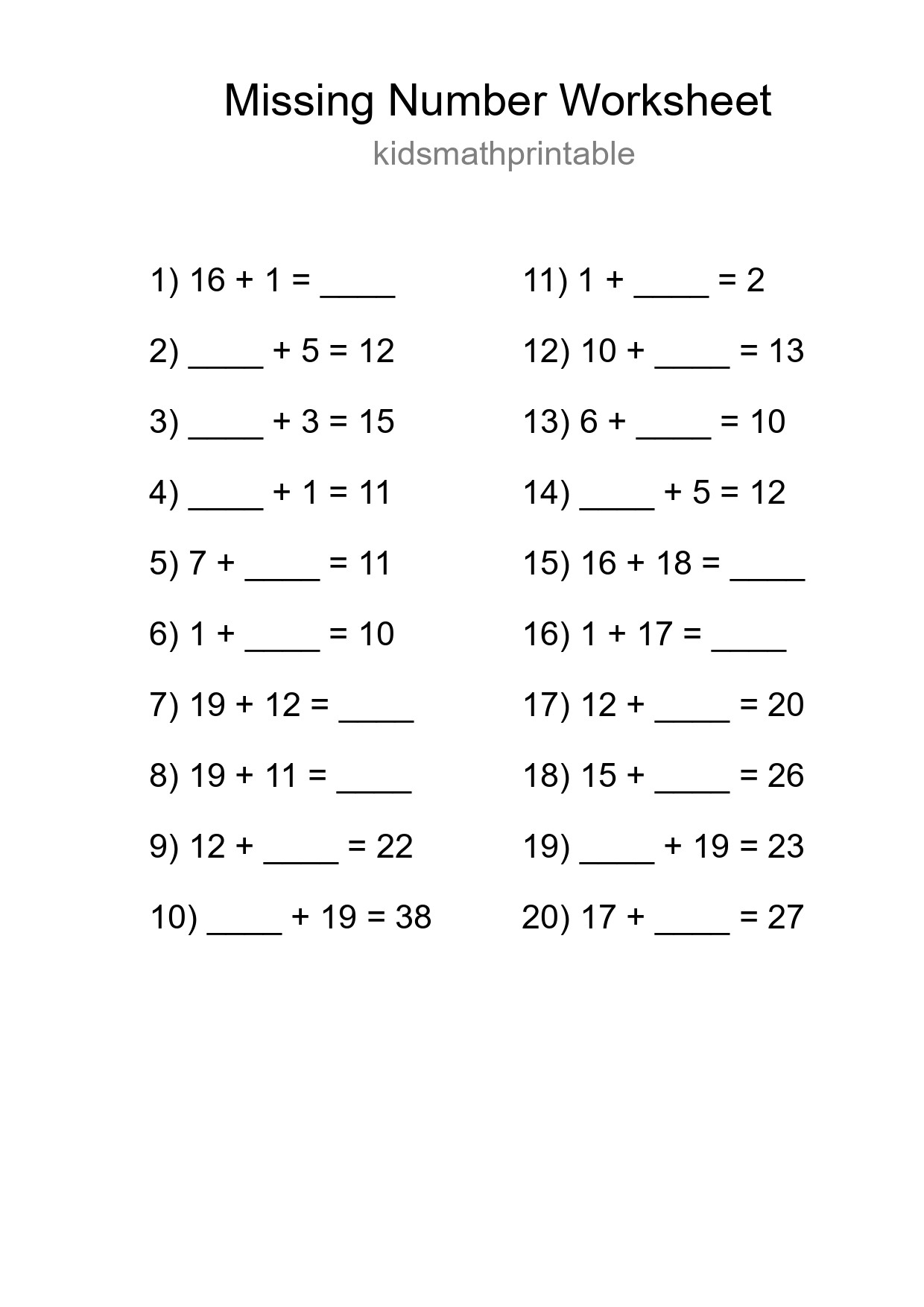 Missing Number Math Worksheet