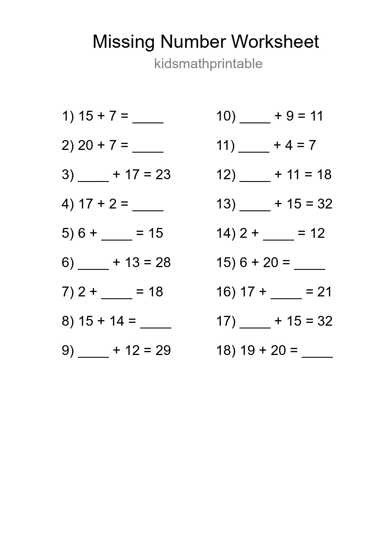 Missing Number Math Worksheet