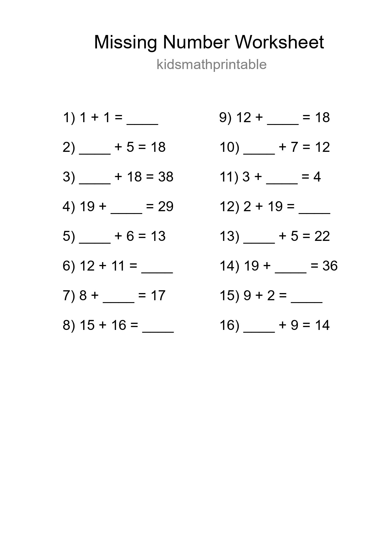 Missing Number Math Worksheet