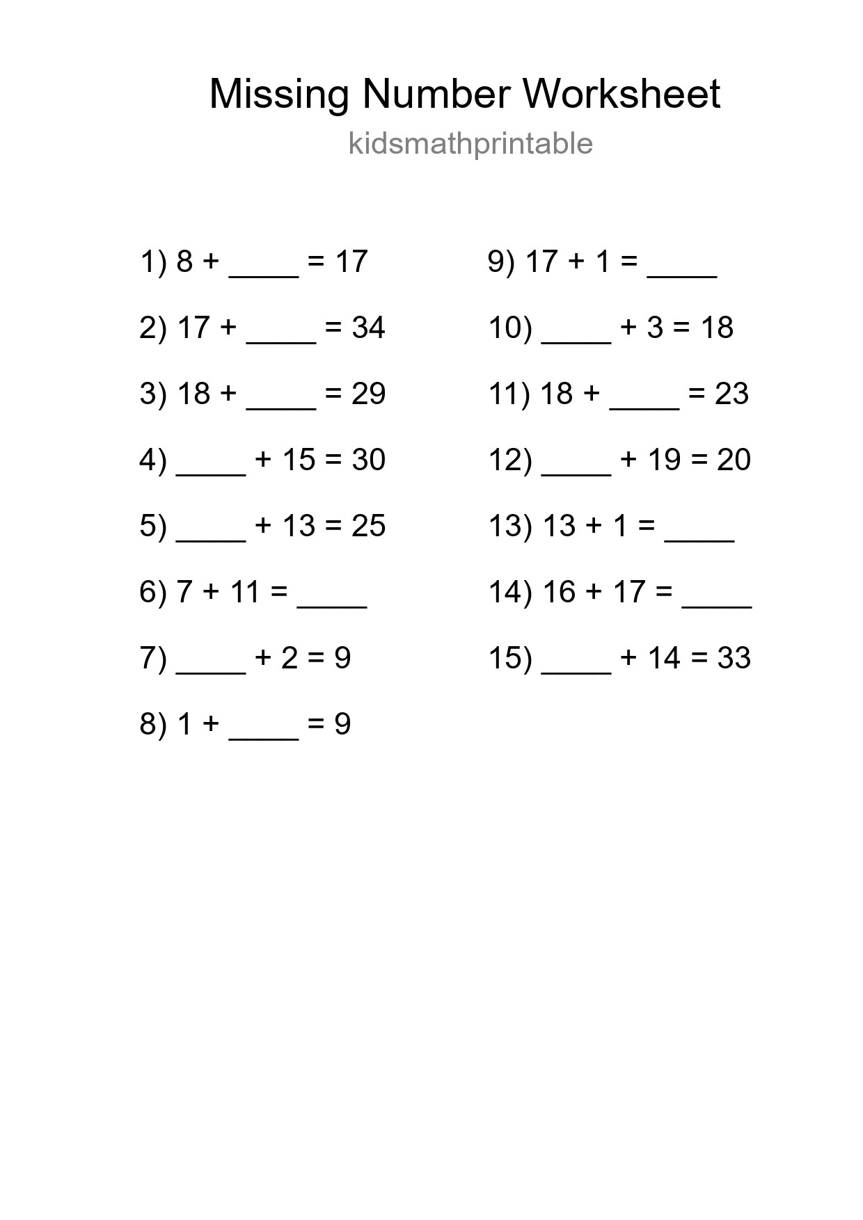 Missing Number Math Worksheet