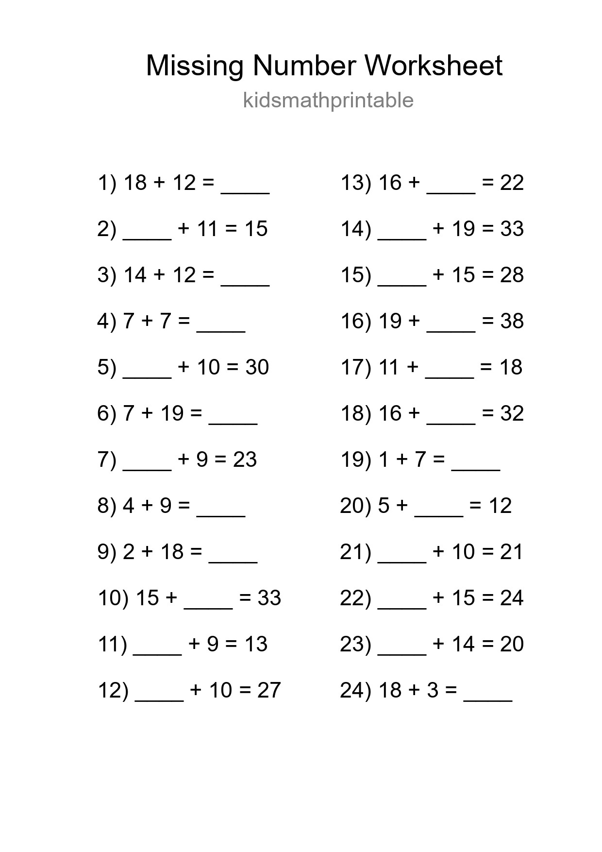 Missing Number Math Worksheet