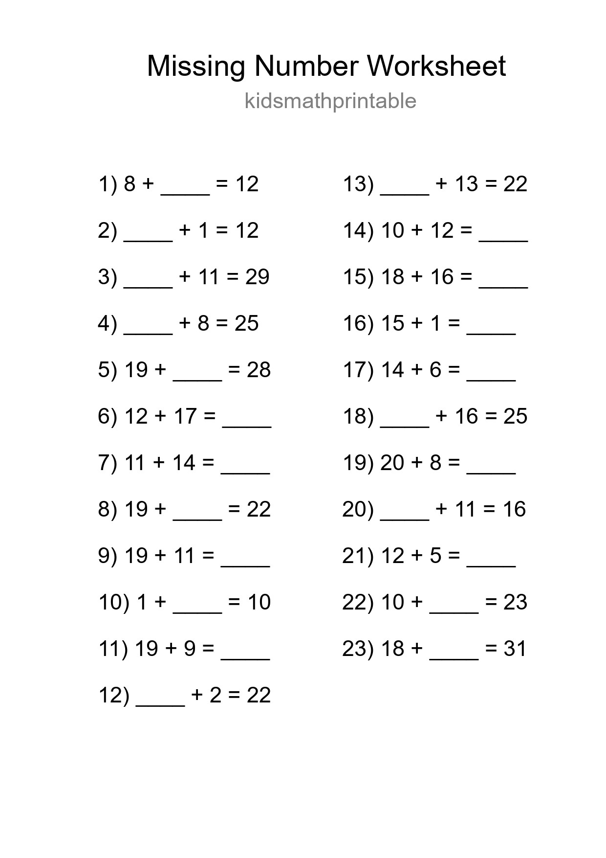 Missing Number Math Worksheet