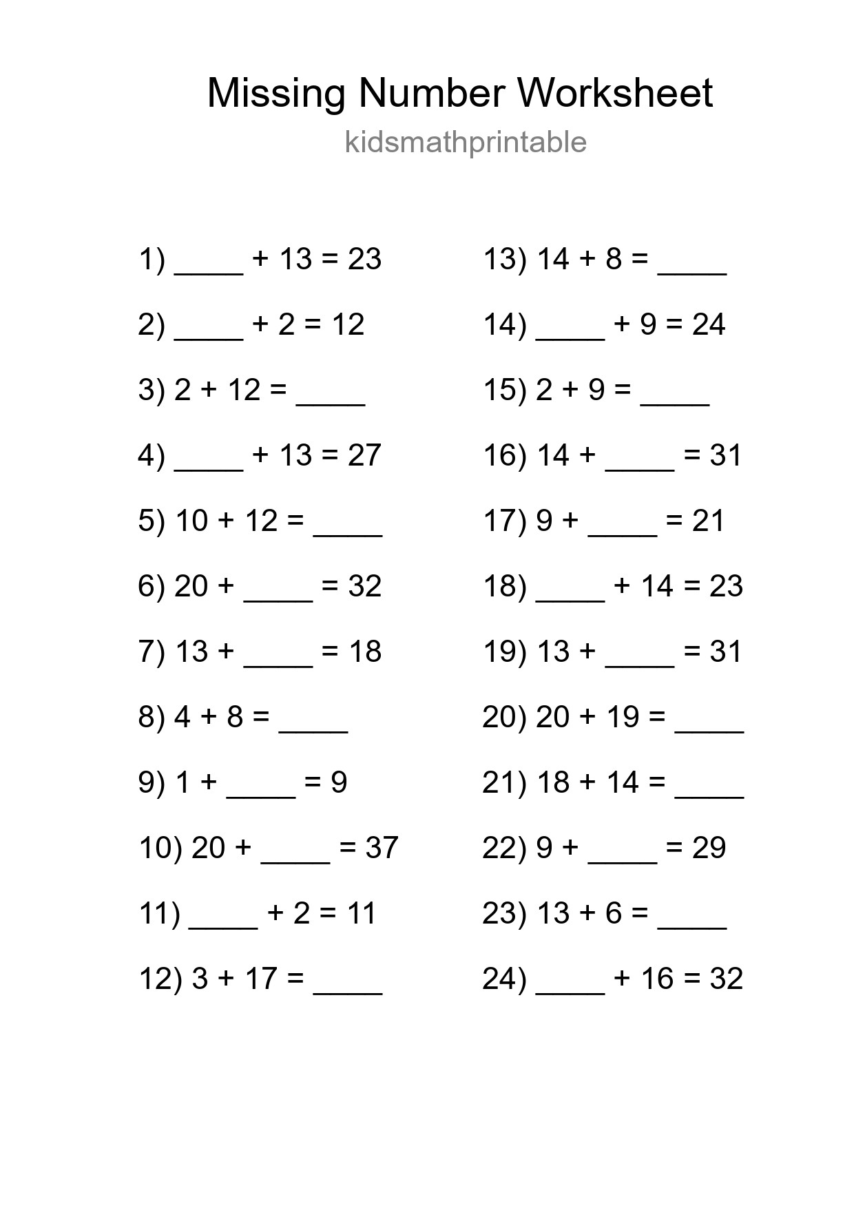 Missing Number Math Worksheet