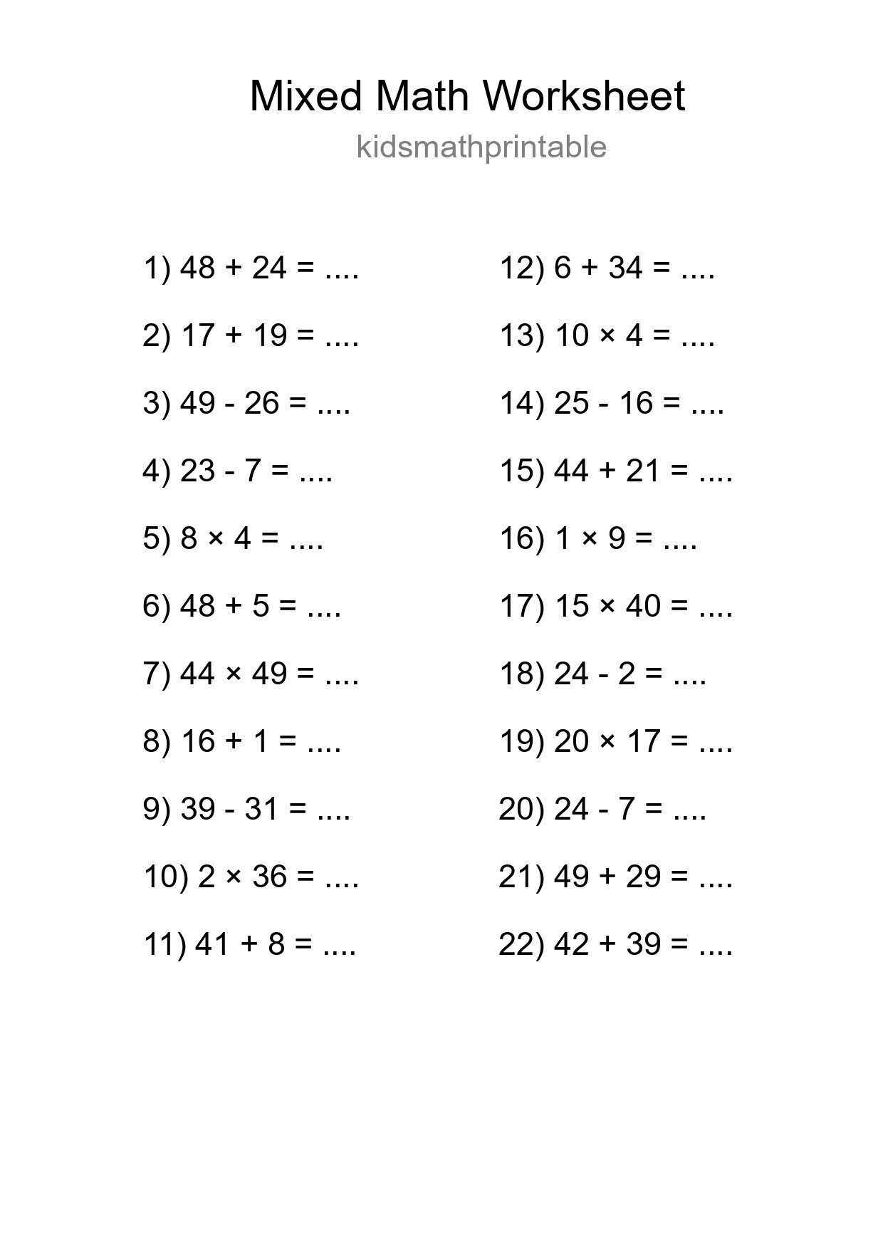 Mixed Operations Math Worksheet