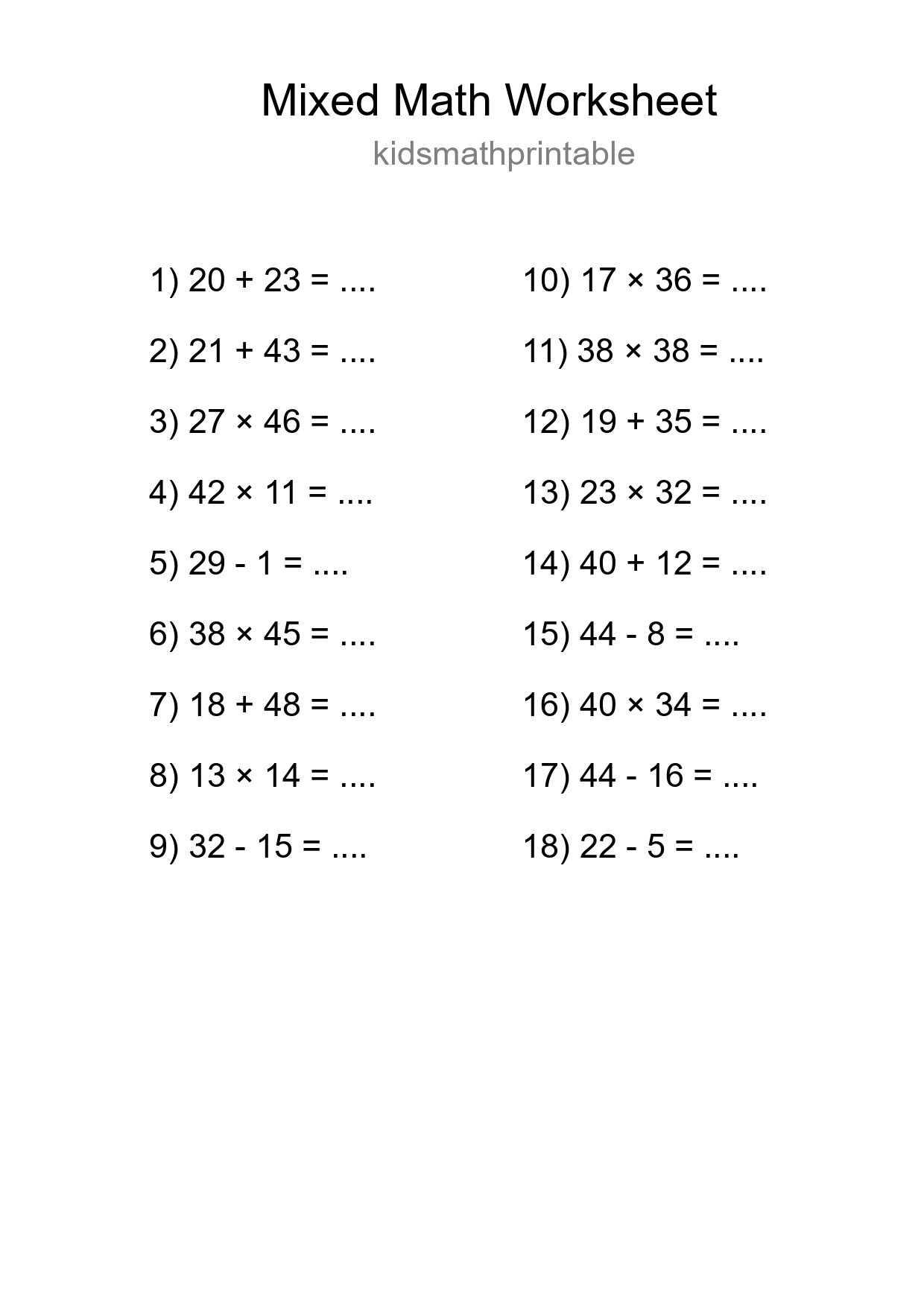 Mixed Operations Math Worksheet