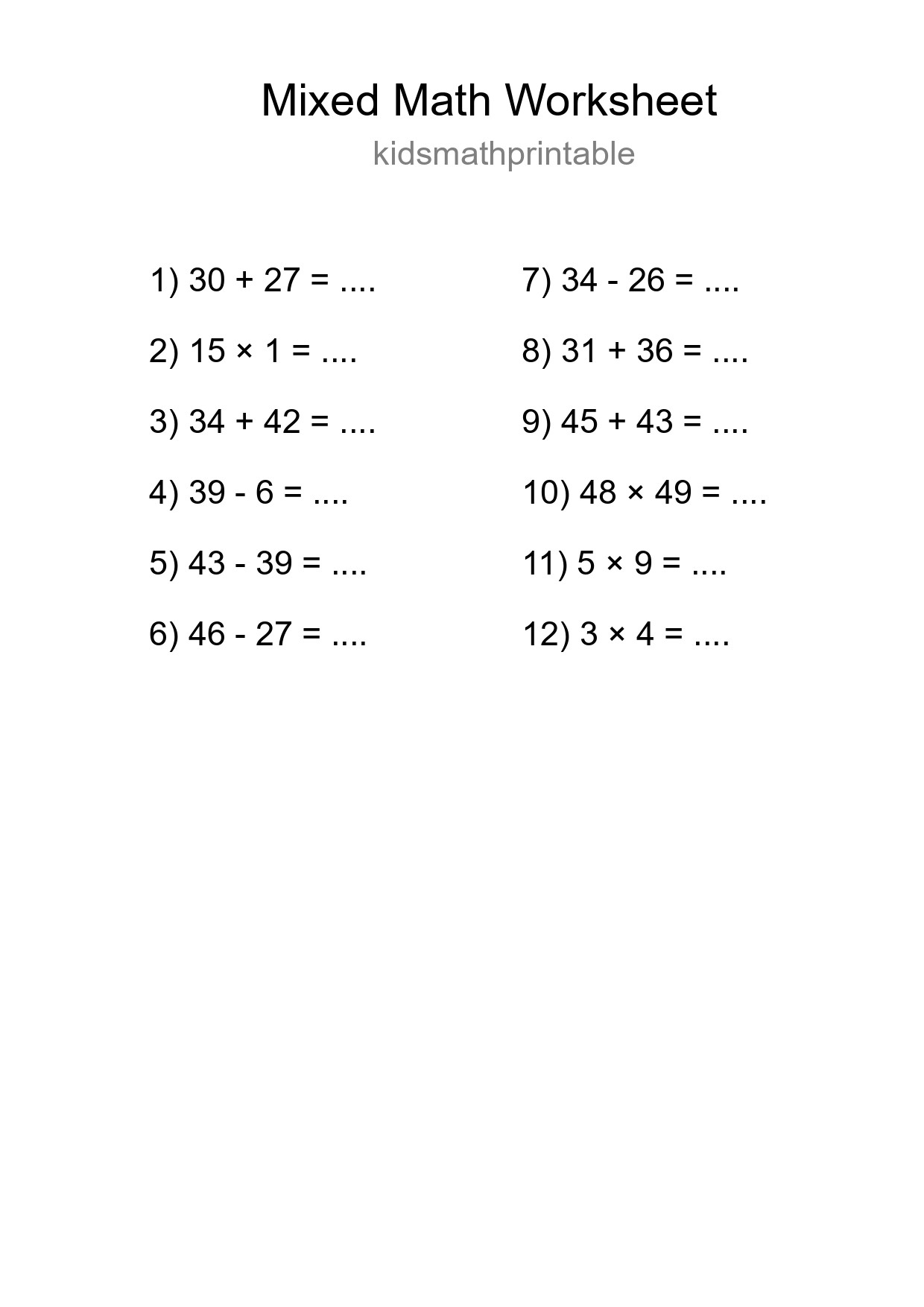 Mixed Operations Math Worksheet