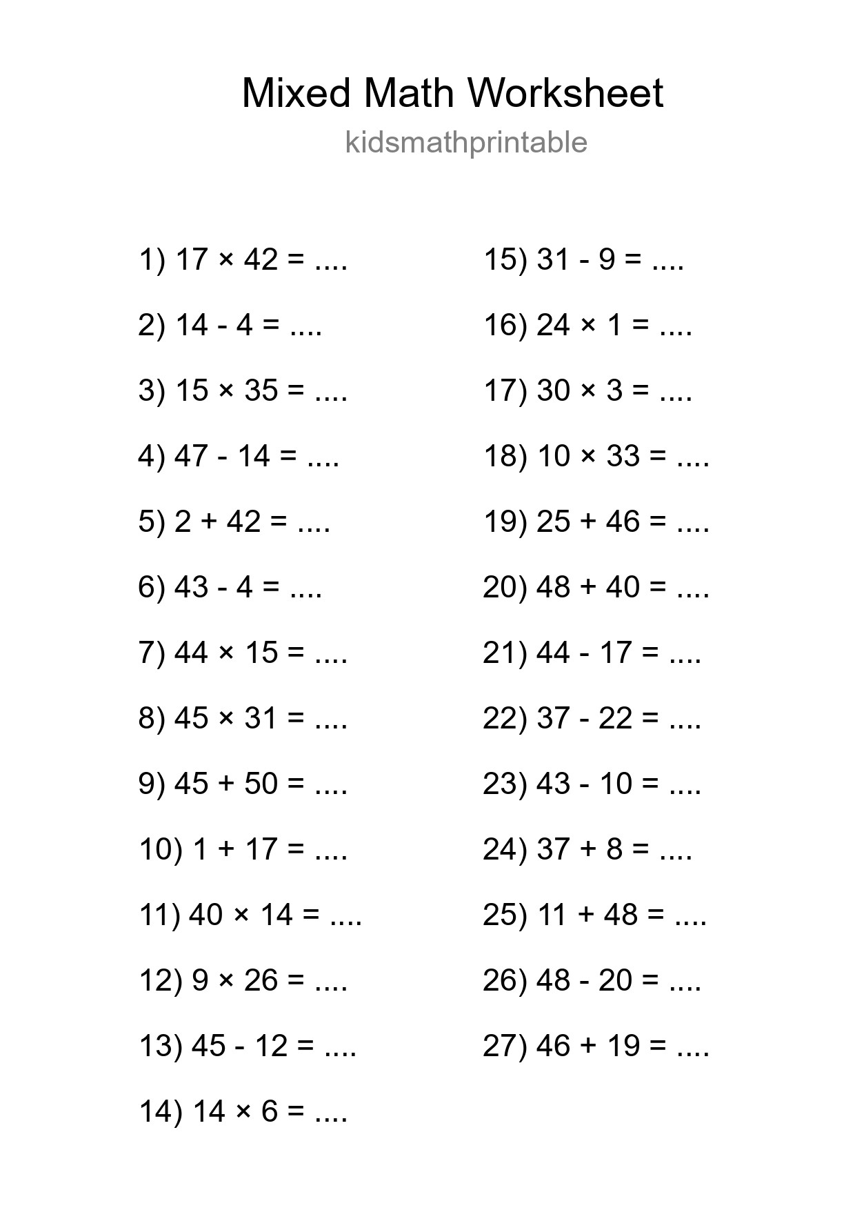 Mixed Operations Math Worksheet
