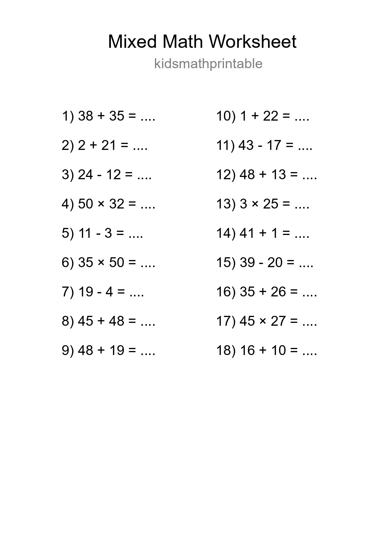 Mixed Operations Math Worksheet