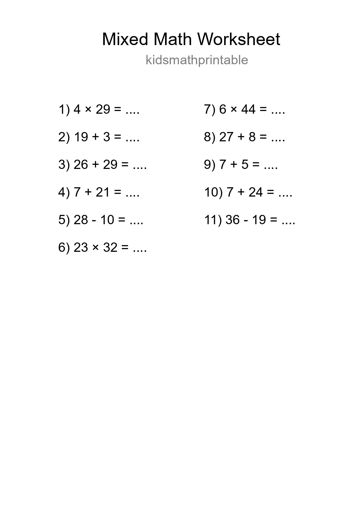 Mixed Operations Math Worksheet