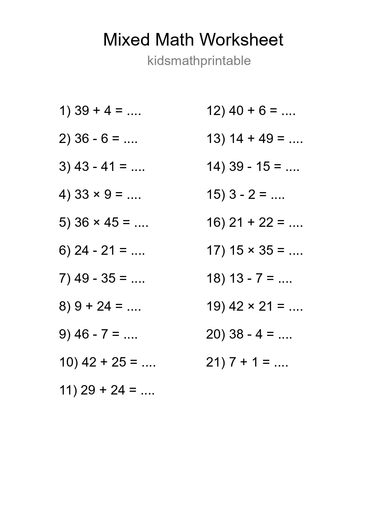 Mixed Operations Math Worksheet
