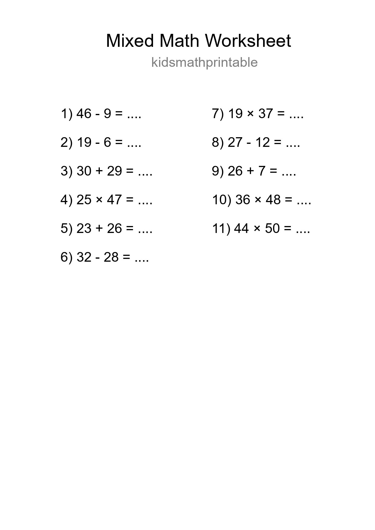 Mixed Operations Math Worksheet