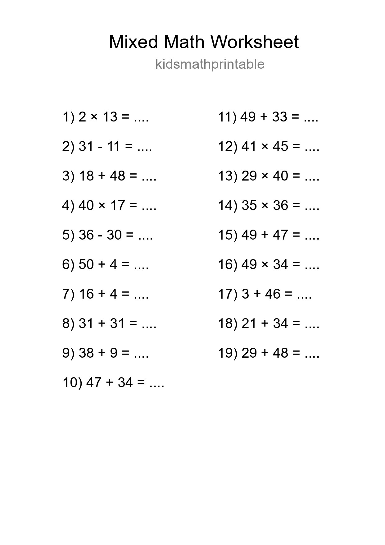 Mixed Operations Math Worksheet