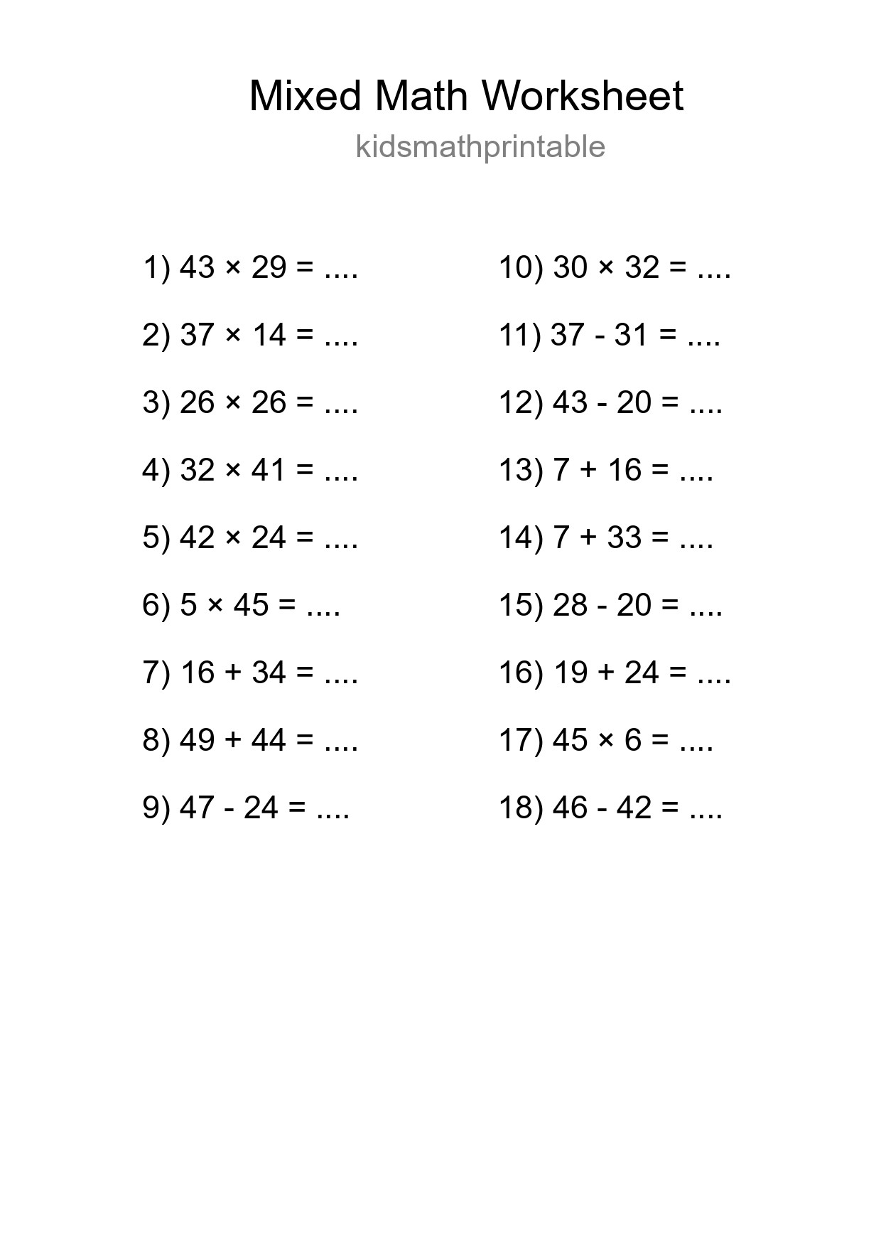 Mixed Operations Math Worksheet