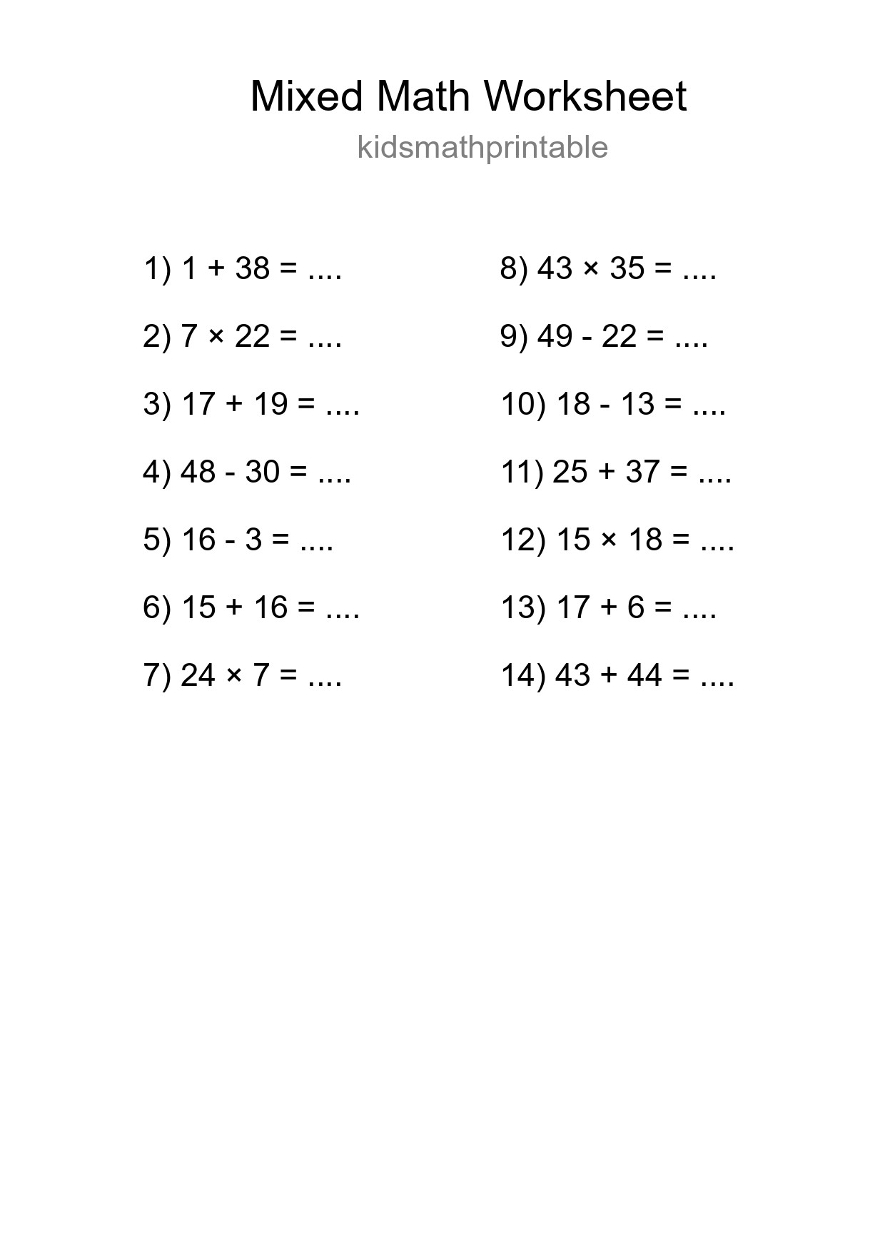 Mixed Operations Math Worksheet