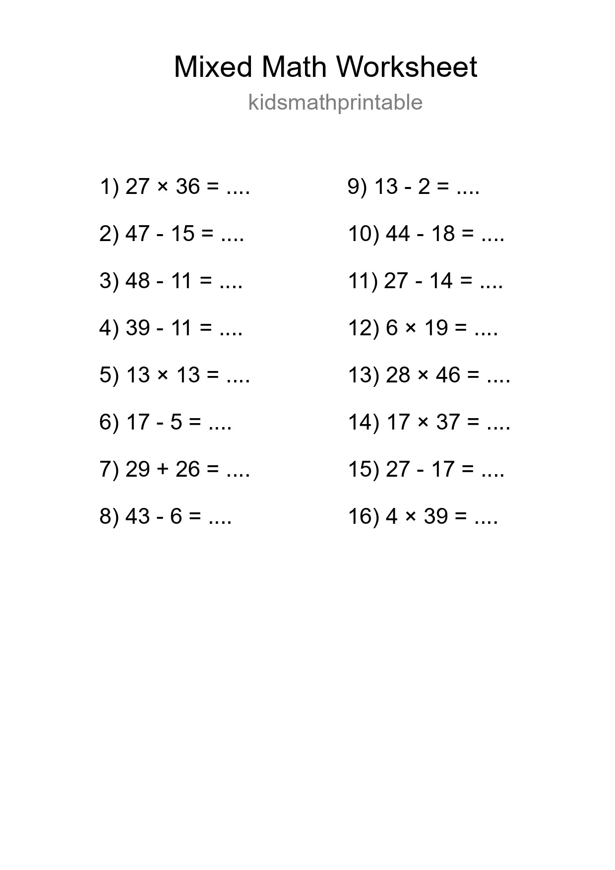 Mixed Operations Math Worksheet
