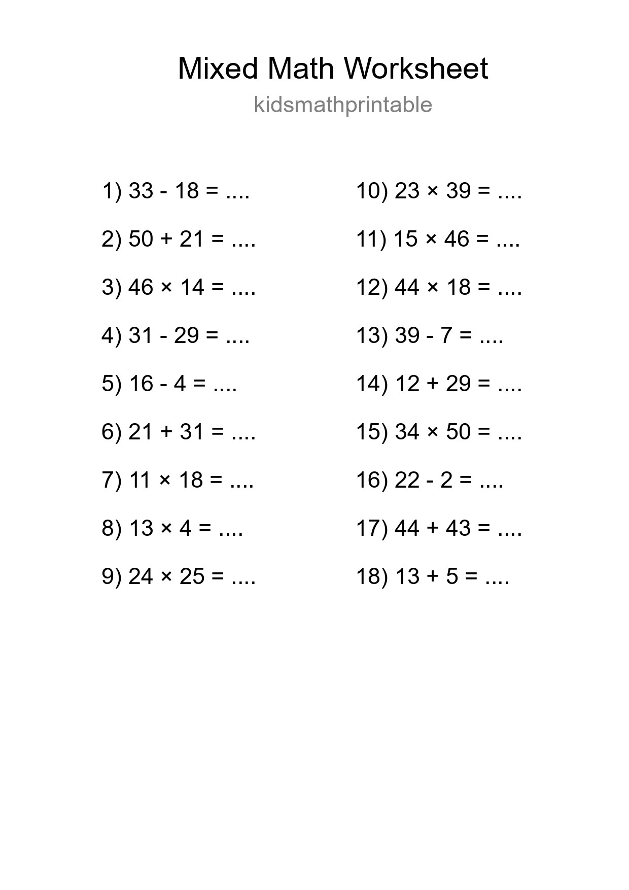 Mixed Operations Math Worksheet