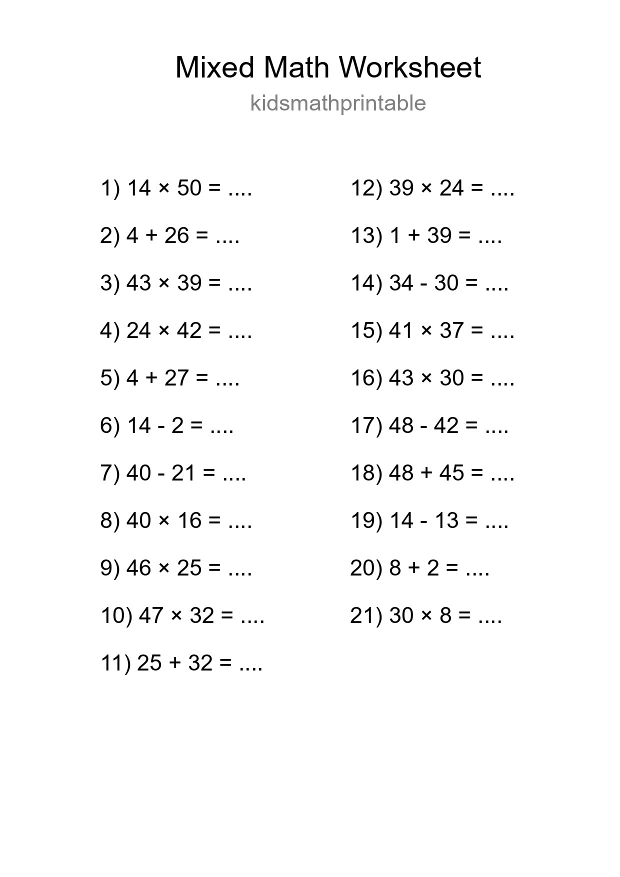 Mixed Operations Math Worksheet