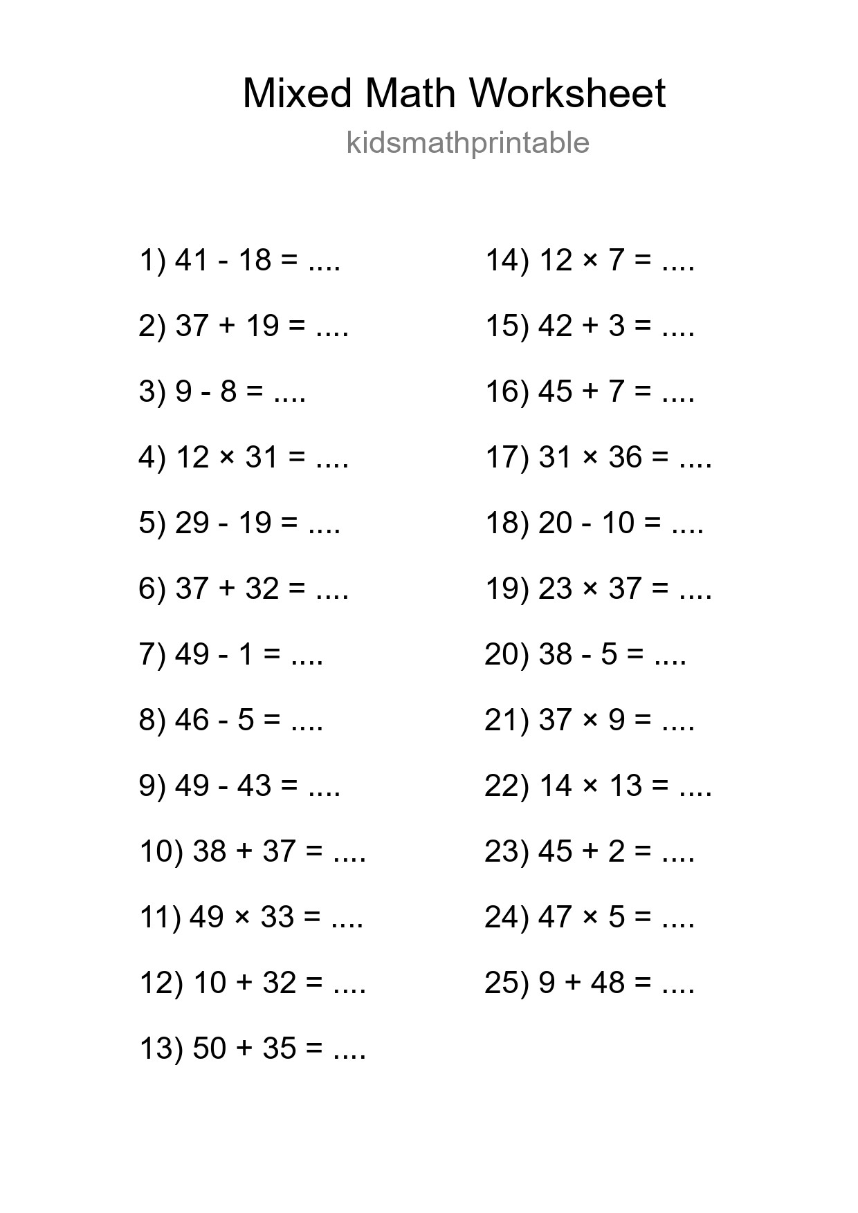 Mixed Operations Math Worksheet