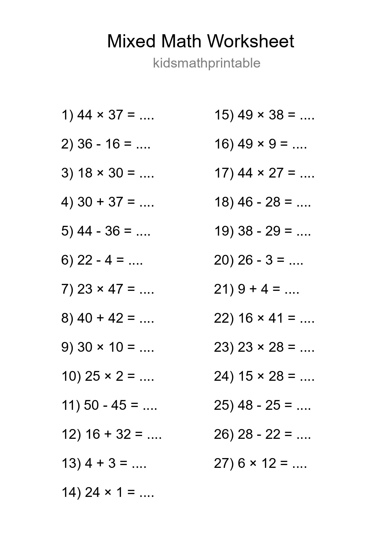 Mixed Operations Math Worksheet