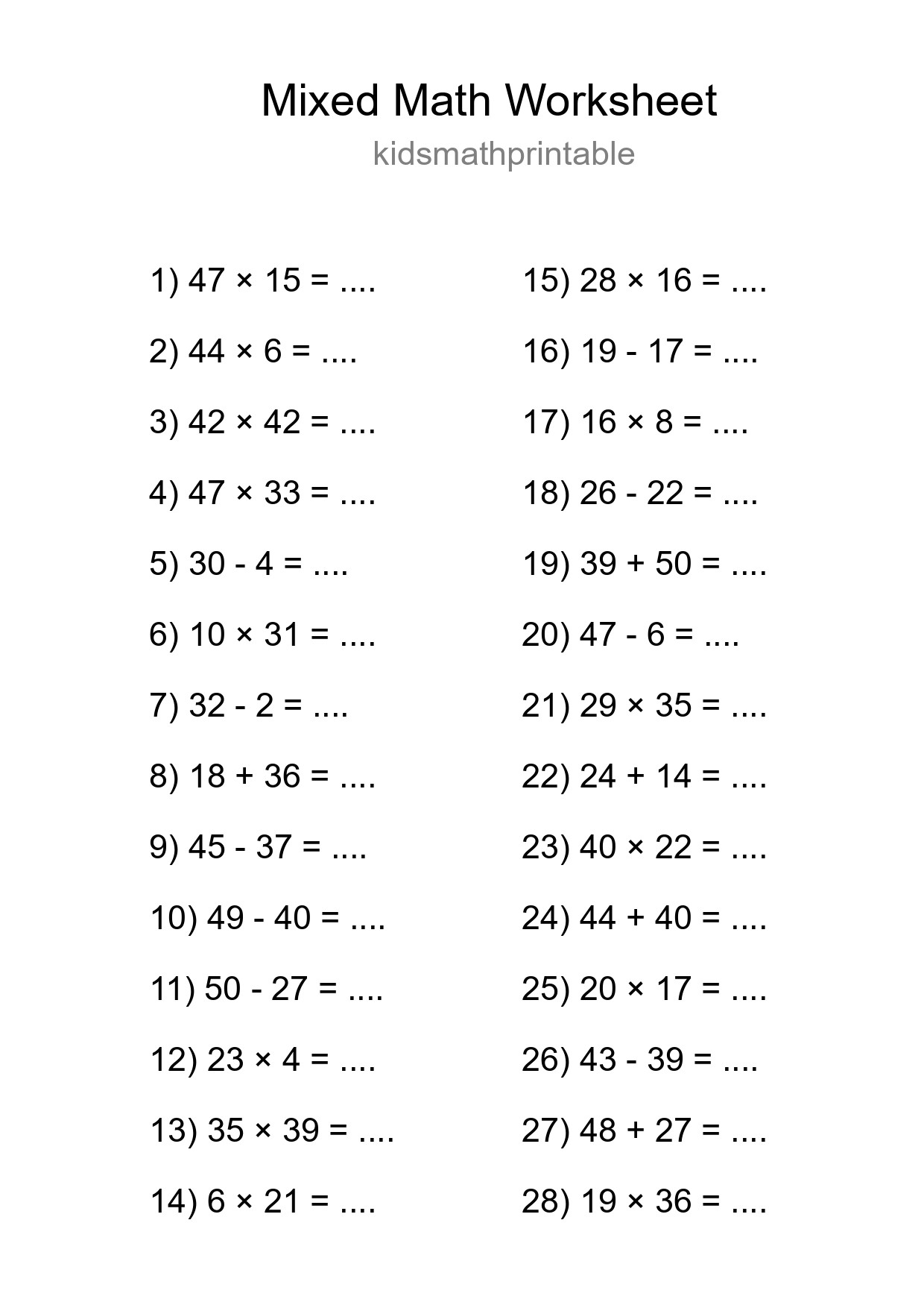 Mixed Operations Math Worksheet
