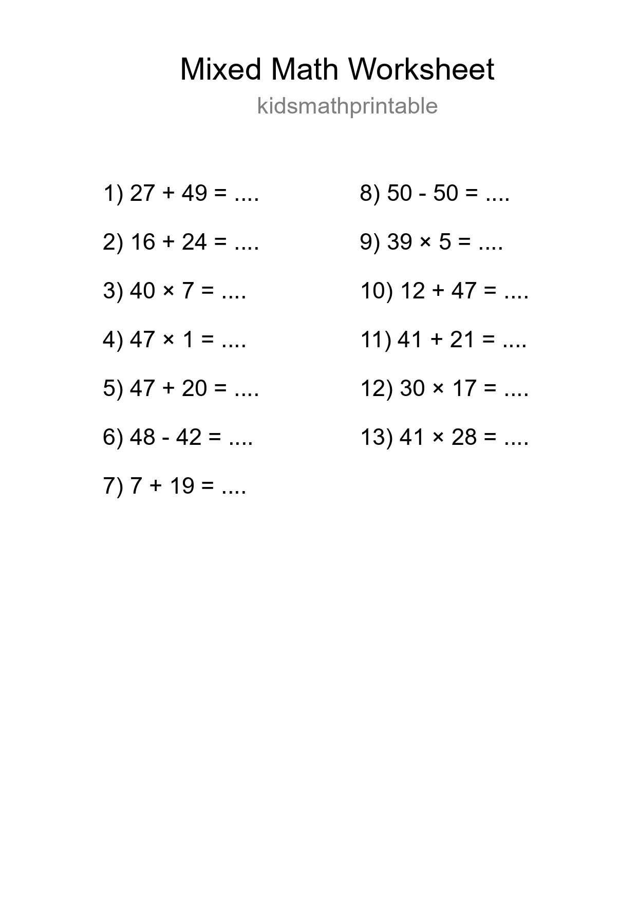 Mixed Operations Math Worksheet