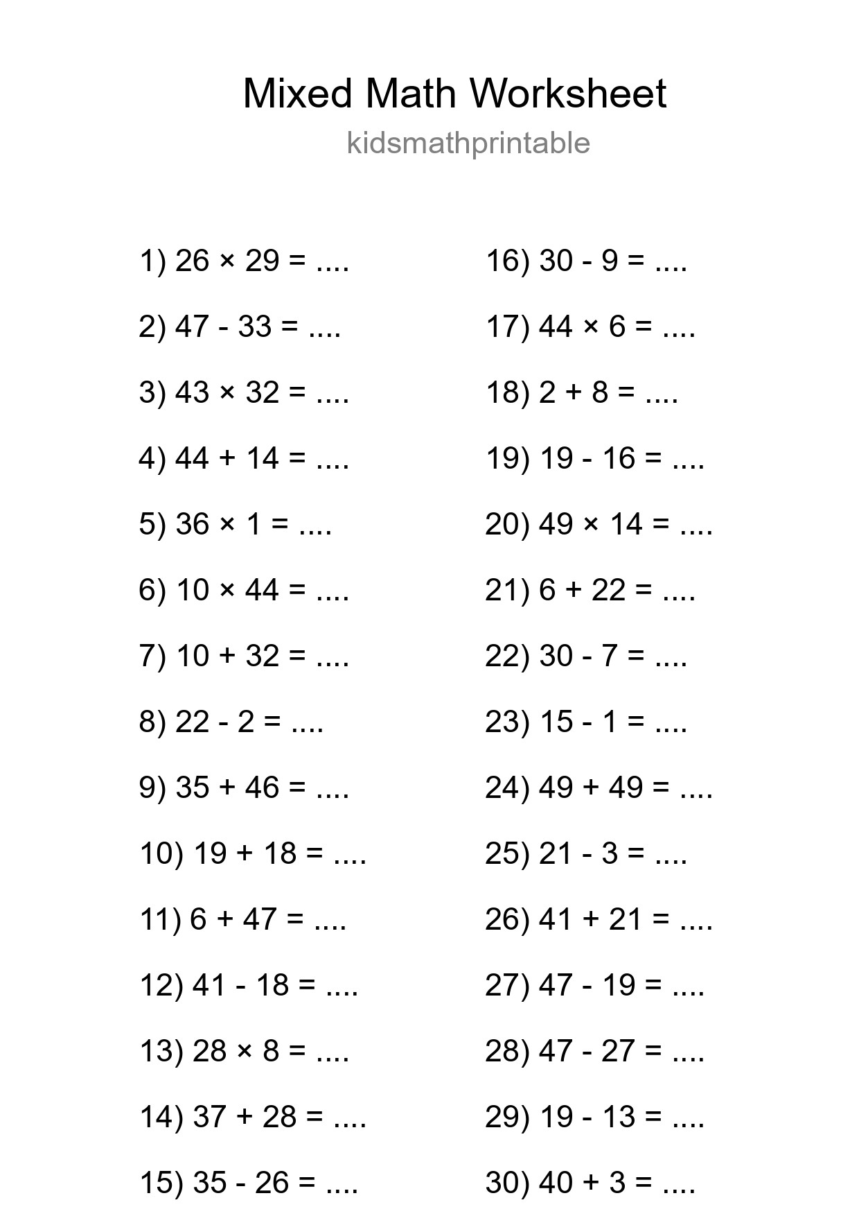 Mixed Operations Math Worksheet
