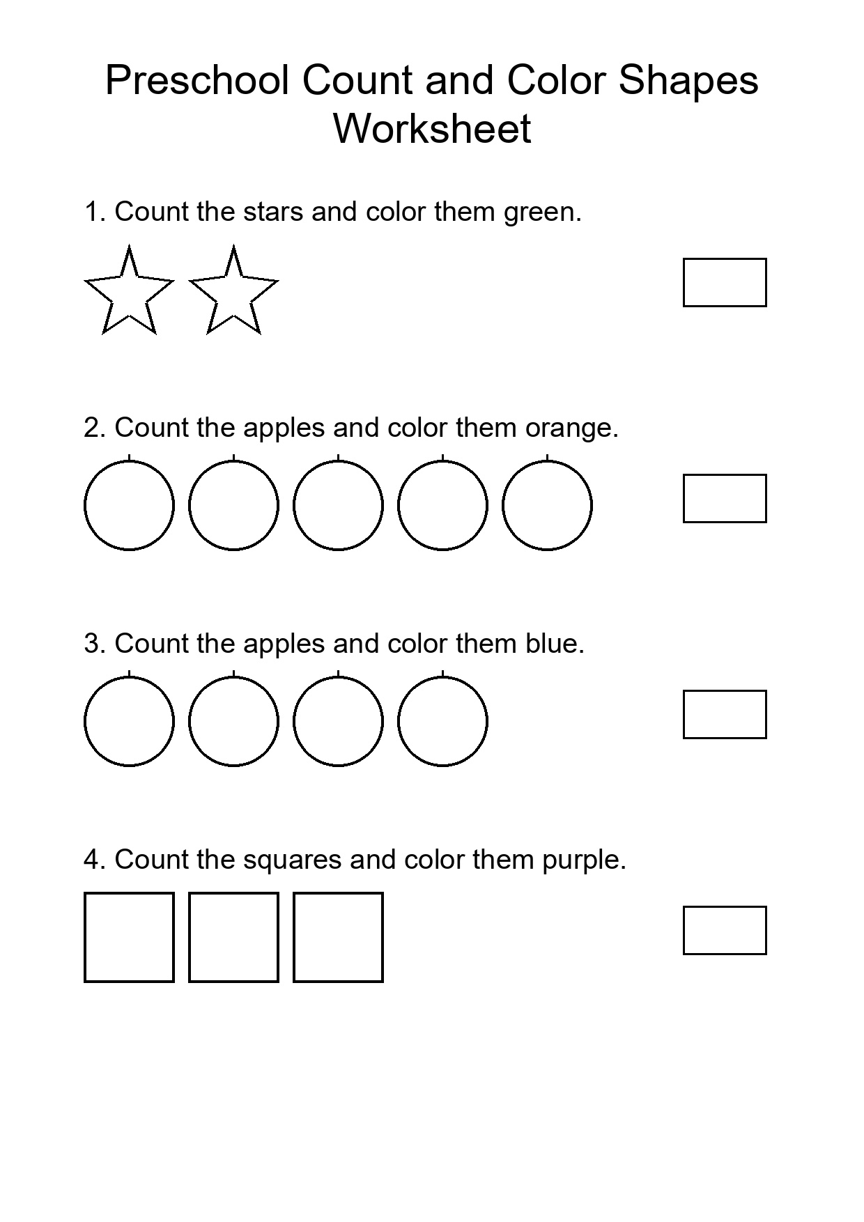 Preschool Count and Color Shapes Worksheet
