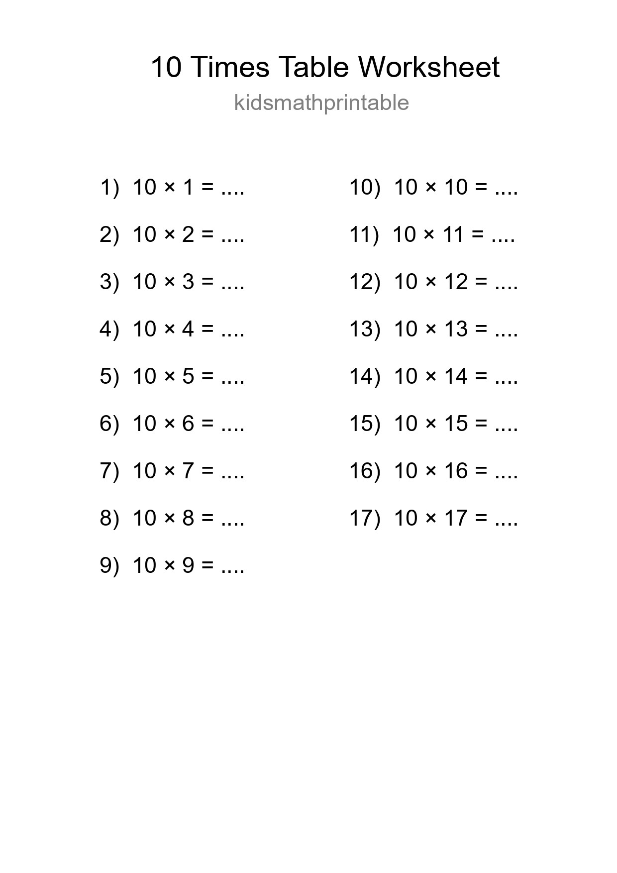 Printable 10 Times Table Worksheet For Grade 3 - Part 97