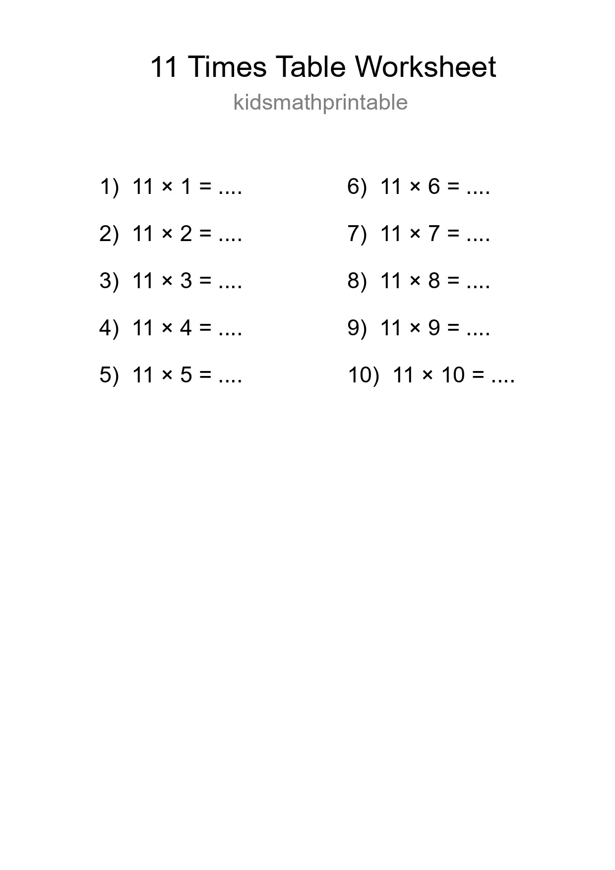 Printable 11 Times Table Worksheet For Grade 4 - Part 196