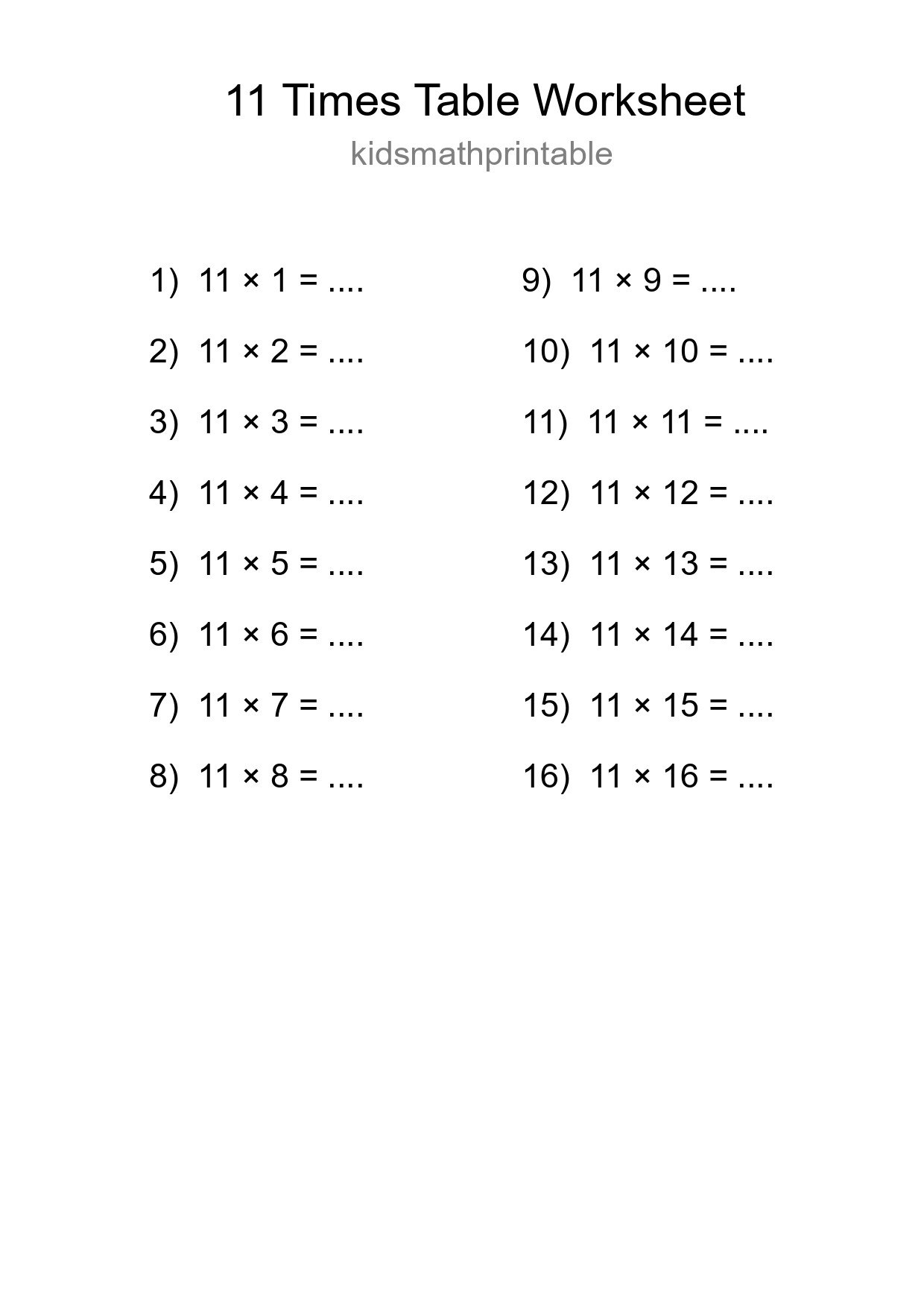 Printable 11 Times Table Worksheet For Grade 4 - Part 31